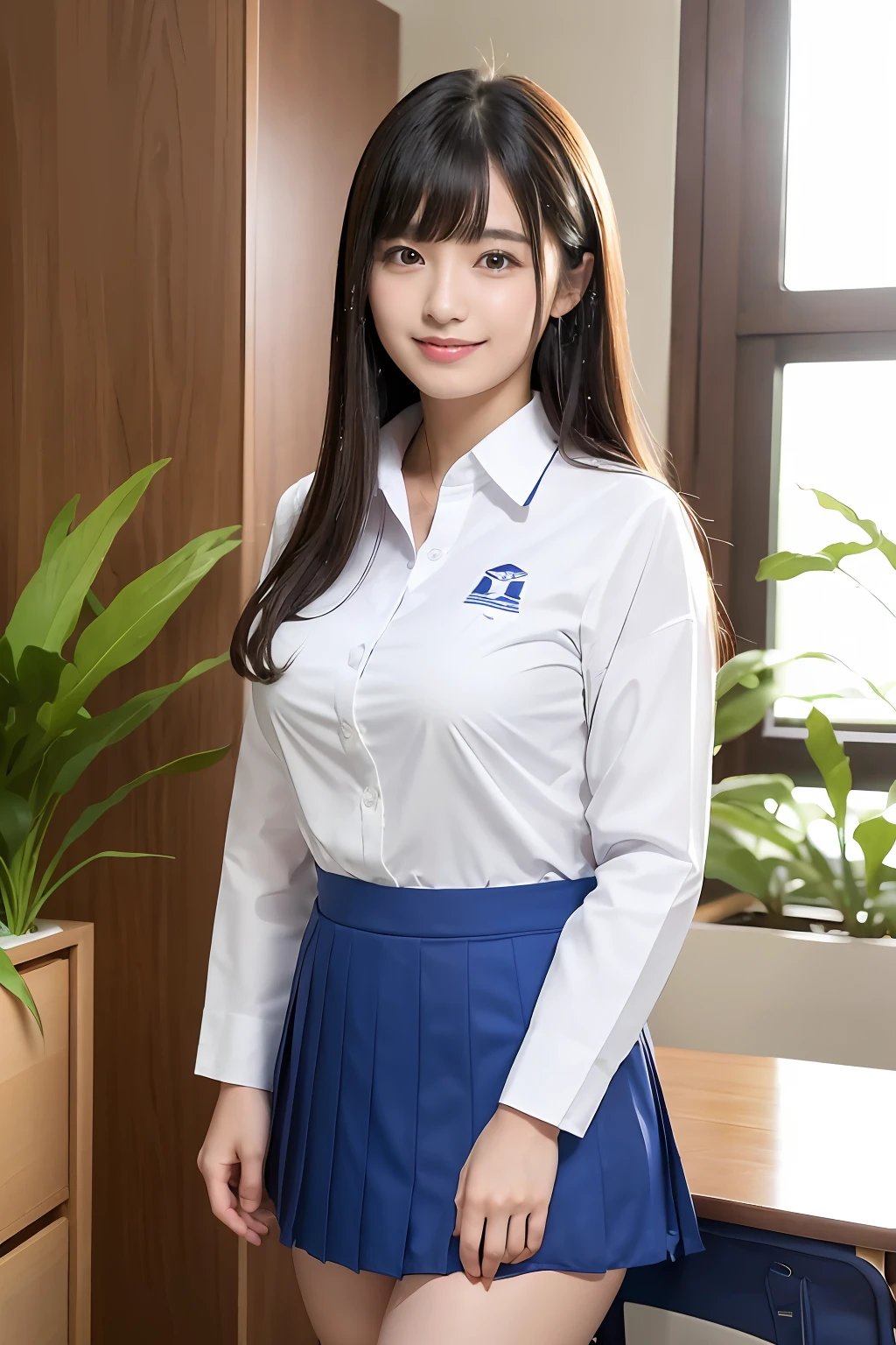 top-quality、超A high resolution、(1 girl in:1.4)、独奏、(The upper part of the body:1.2)、(Photorealsitic:1.4)、(Cute Teen Girl:1.2)、Colossal tits、length hair、partedbangs、Air bangs、red-lips、light_Smile、(Shot hair)、wet、Messy_blue髪、Protruding out、(校服:1.4)、White shirt with blue collar、Blue shorts、(Look at viewers:1.4)、(Uniform skirts:1.4)、(Department of Science:1.4), (Classroom:1.4), (Rows of plants:1.4), (bra very:1.4), green leafs, rays of sunshine, (pantiy:1.2), Picking,(pureerosface_v1:0.5)、女優、韓国アイドル、乃木坂アイドル、Adult actress、adult lady