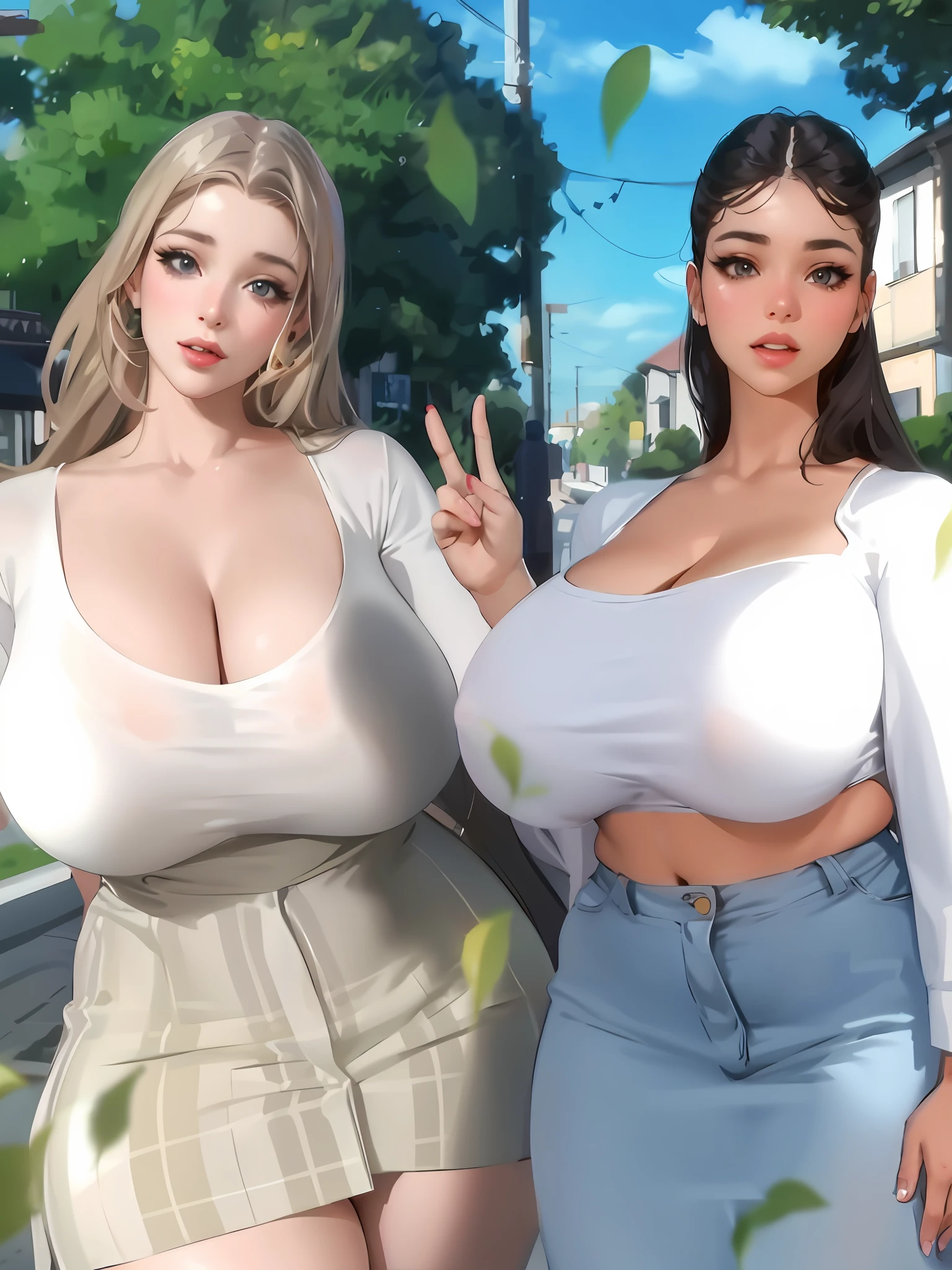 two women in short skirts and white shirts posing for a picture, realistic style, photorealistic perfect body, realistic shaded perfect body, realistic clothing, big breasts!, realistic graphics, sfw huge breasts, high quality realistic, realistic female faces, very detailed and high quality, chest up bust shot, realistic artstyle, big breasts!!, hyperrealistic teen, navel, perfect face, perfect eyes, beatiful eyes, detailed shirt, detailed skirt, detailed five finger hands, detailed cleavage, sexy lips, (pink lips:0.8), (only thumb,Index fingeer, middle finger, ring finger, little finger)