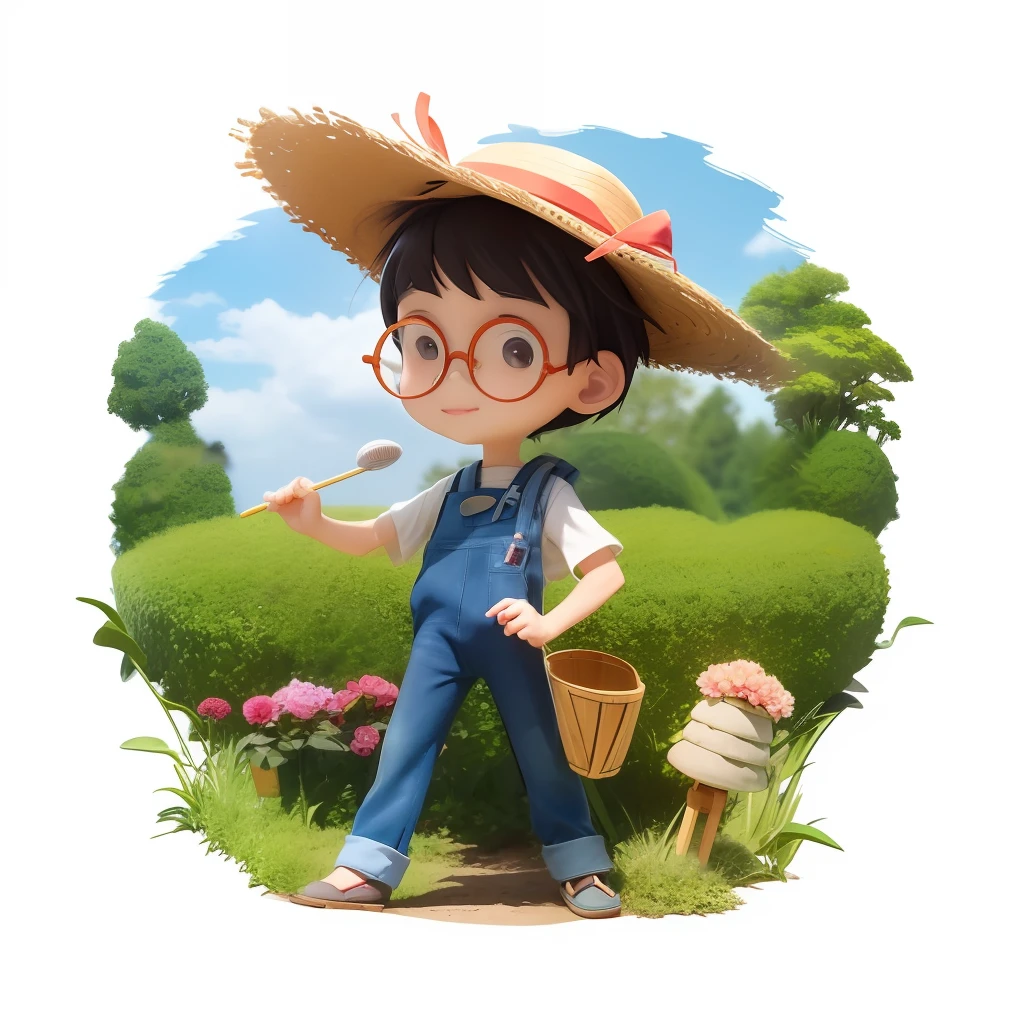 A cartoon of a boy in a hat and a picker, with large, Round glasses,japanesse farmer, farmer, playful peasant man, wearing farm clothes, Man with a hoe, gardening, wearing a straw hat and overalls, Use a shovel, with straw hat, inspired by Eiichiro Oda, inspired by Junpei Satoh, character with a hat