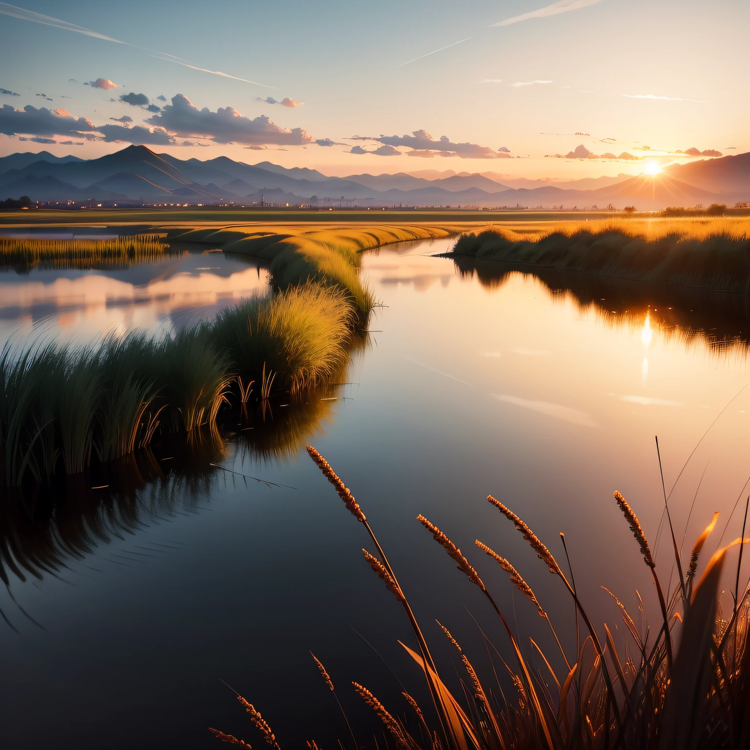 Heal the beautiful scenery。evening light、Great view of the reeds、Beautiful artistic conception、the sunset