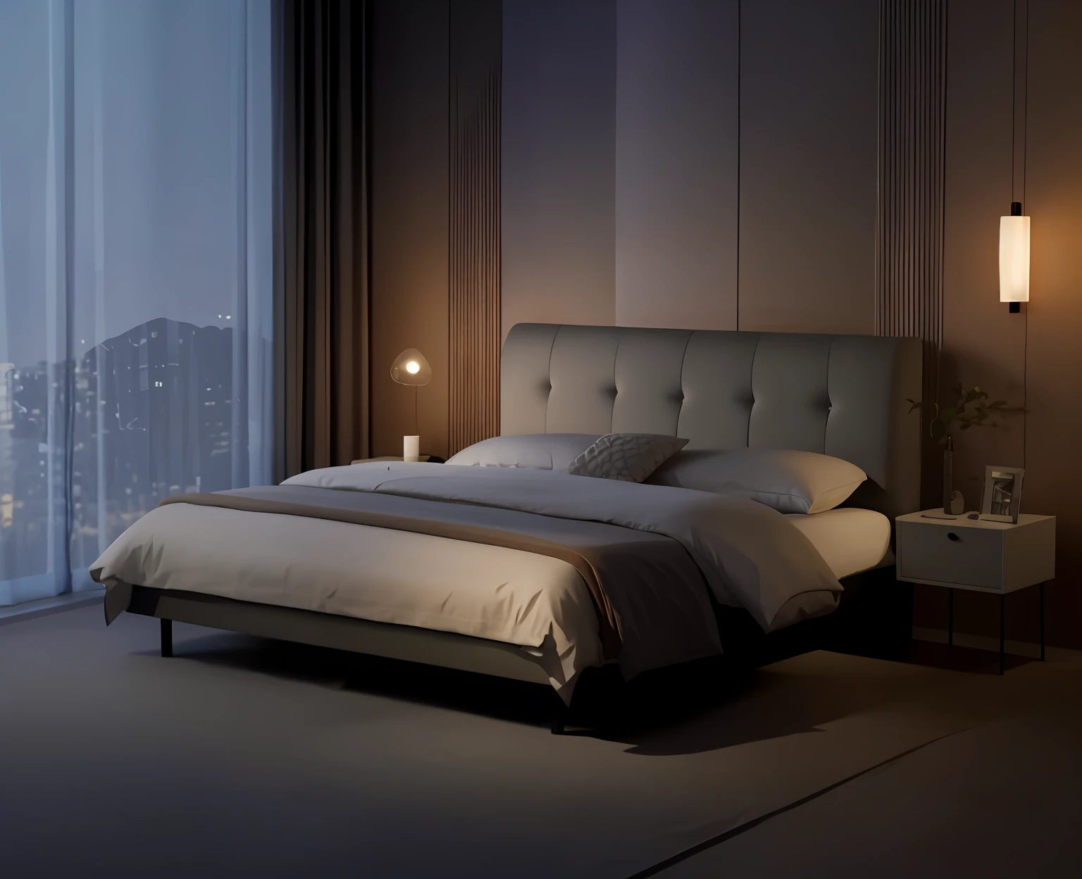 White headboard and nightstand，With two lights, Dimly lit bedroom, Dimly lit bedroom, Dark bedroom, Bed, un made bed, lit up in a dark room, bed on the right, bed is not made, no lights in bedroom, Dramatic ambient lighting, Beds, gurney with ambient lighting, large comfy bed, Female model lying in bed