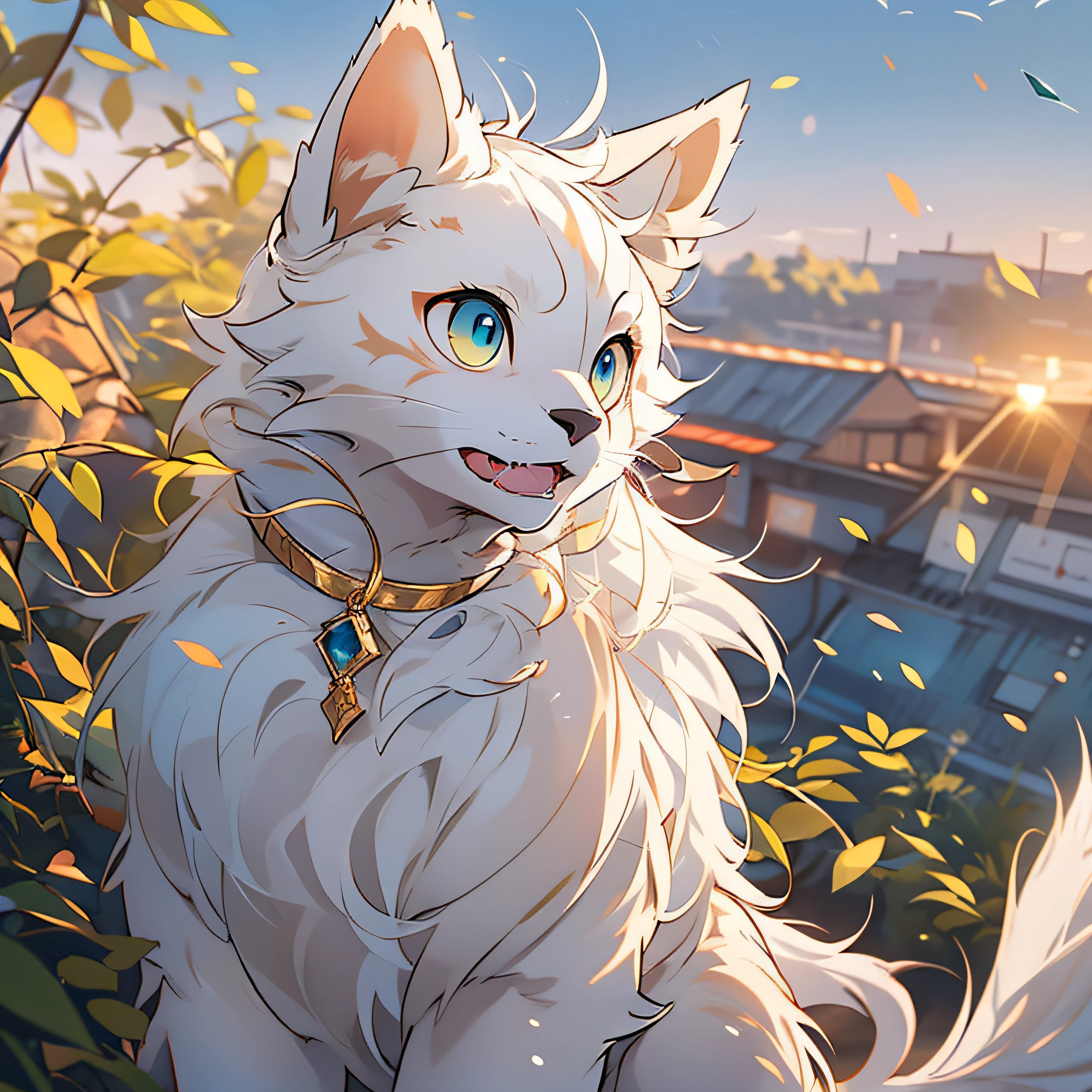 anime cat，Gold and blue eyes，White hair，The ears are blue hairs， very very beautiful furry art。Set against the backdrop of the setting sun