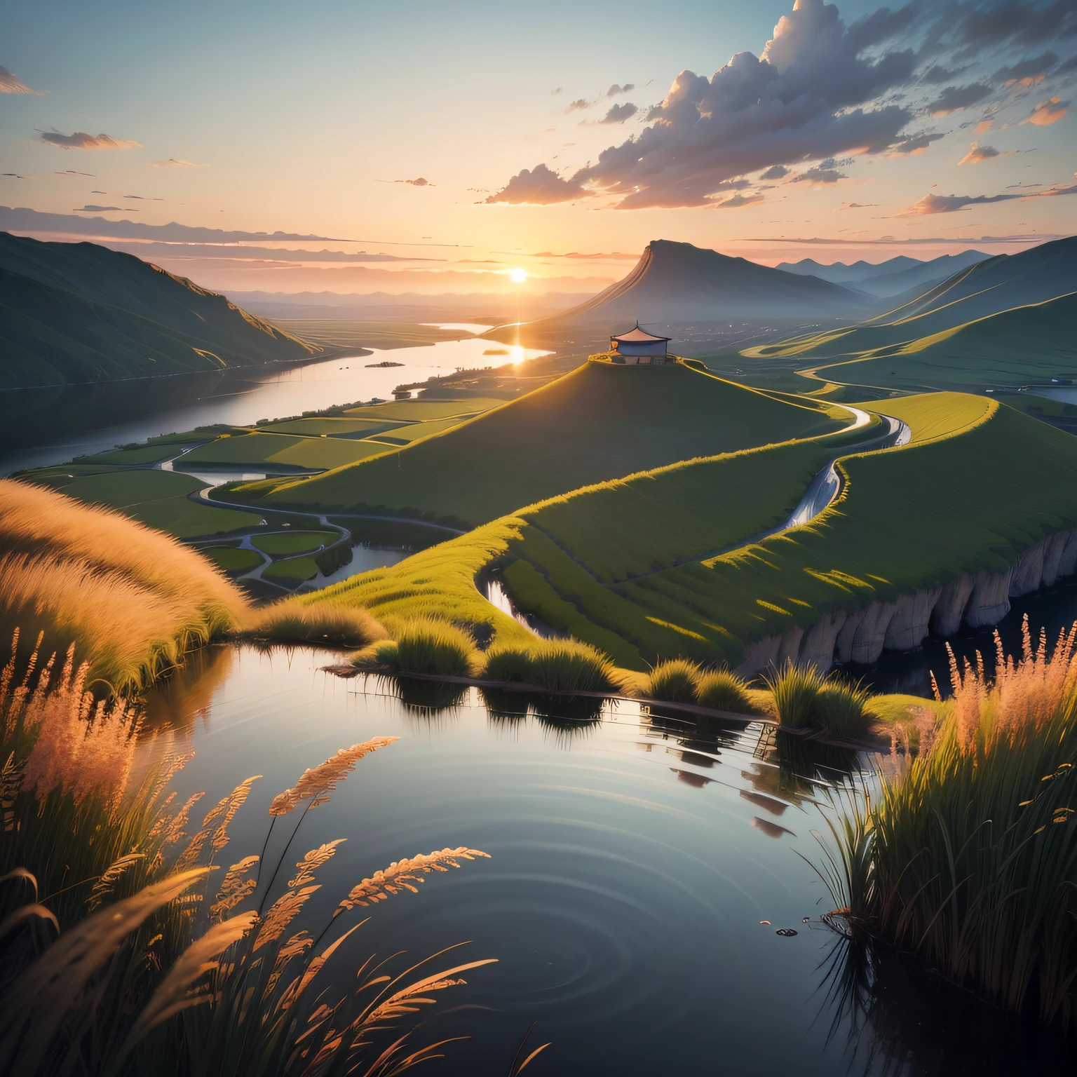 Heal the beautiful scenery。evening light、Great view of the reeds、Beautiful artistic conception、the sunset、precipice、springtime