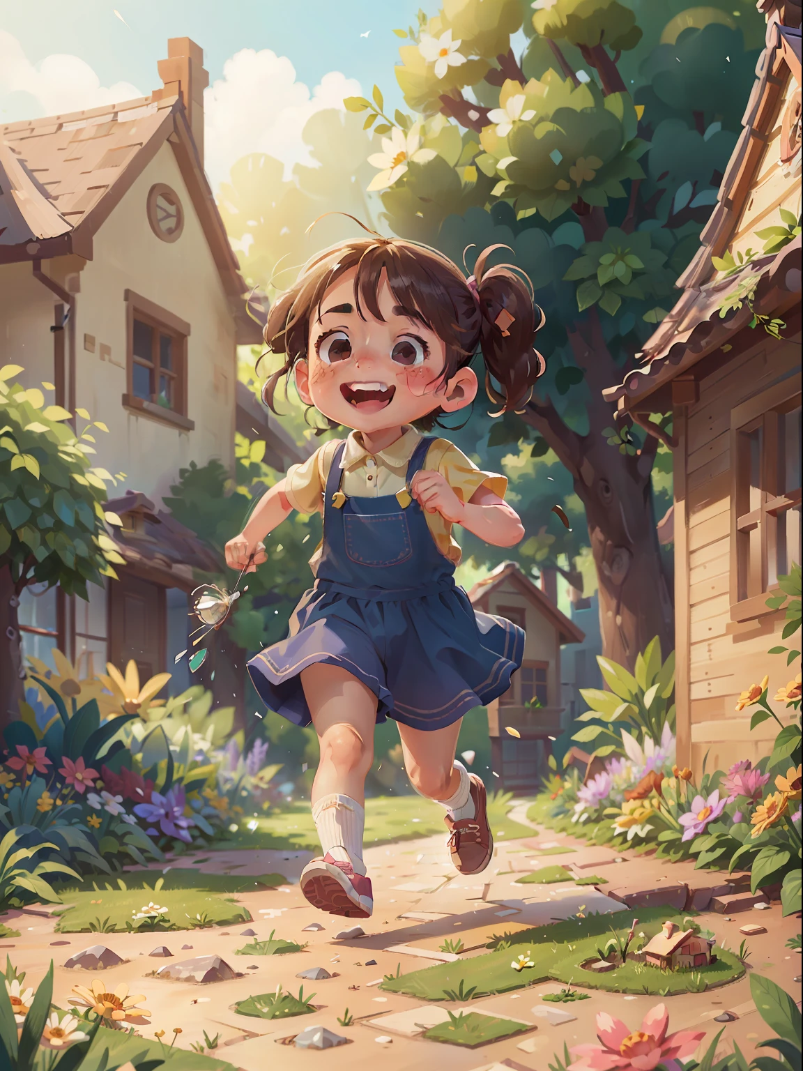A 6--old l is running in a garden, she is wearing gardener's clothes, is happy, laughing, perfect quality, clear focus (mess - house: 0.8), (masterpiece: 1.2) (Realistic: 1.2) (Bokeh) (Best quality) (Detailed Skin: 1.3) (Intricate Details) (8K) (Eye Detail) (Sharp Focus), (Happy)