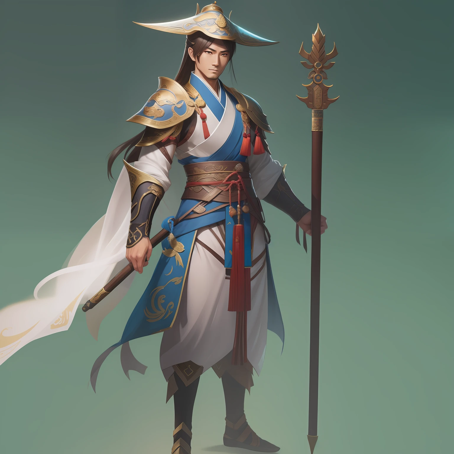 a close up of a man in his 30's, with brown eyes and brown hair, wearing a desert themed outfit, a hero in wuxia style, with brown eyes, martial artist holding a staff, standing in a chinese monastary, new costume concept design, in the style of blade and soul, full body character concept, detailed character design, inspired by Yang Jin, inspired by Li Mei-Shu, chinese costume, inspired by Lan Ying, inspired by Sim Sa-Jeong, inspired by Li Tang, lunar themed attire, costume with blue accents, inspired by Ju Lian, colored concept art, highly detailed character design, highly detailed face, inspired by Ai Xuan, very highly detailed face, unreal engine render, final fantasy 14 style, inspired by Leng Mei