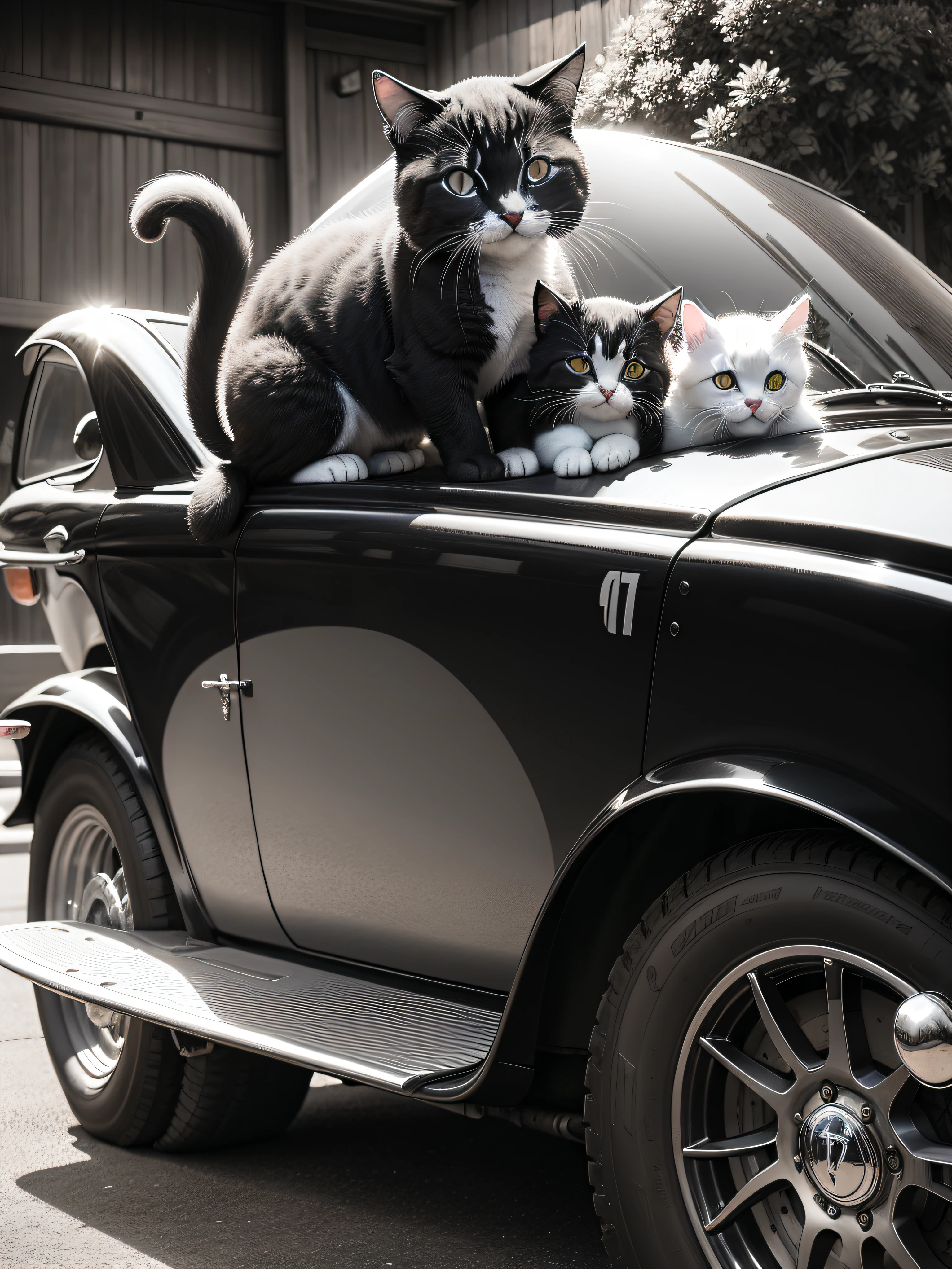 Black and white soft bristles、A couple of two kittens、Basking、On the hood of an Enzo Ferrari