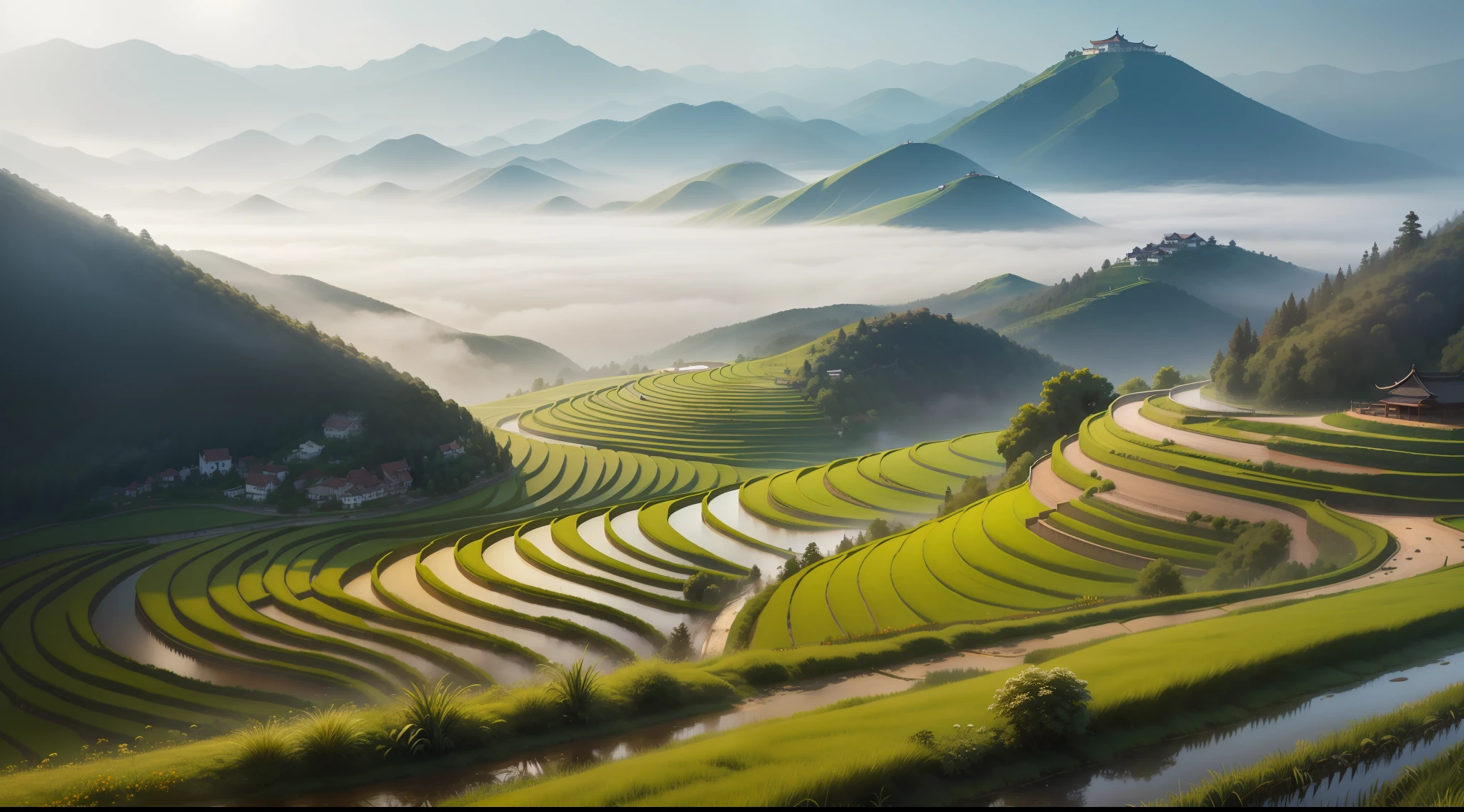 Large terraces，moutain terrain，Lots of mountains，There are rice paddies，Rice fields，There are fish ponds，There are chickens，There are neat rice seedlings in the field，Foggy rain，lavoura，in a serene landscape，Foggy weather，In the midst of vast tranquil landscapes，In the early morning，In the morning fog，behind a tiny village，thin fog，China's countryside，Hyper-realistic，depth of fields，Quiet，Great view --v 6