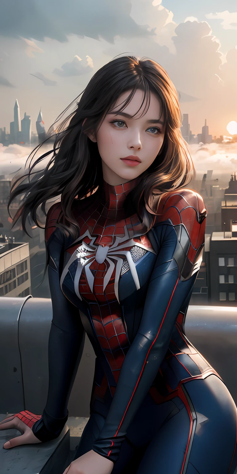 (1girl:1.3), Solo, (((Very detailed face)))), ((Very detailed eyes and face)))), Beautiful detail eyes, Body parts__, Official art, Unified 8k wallpaper, Super detailed, beautiful and beautiful, beautiful, masterpiece, best quality, original, masterpiece, super fine photo, best quality, super high resolution, realistic realism, sunlight, full body portrait, amazing beauty, dynamic pose, delicate face, vibrant eyes, (from the front), She wears Spider-Man suit, red and black color scheme, spider, very detailed city roof background, rooftop, overlooking the city, detailed face, detailed complex busy background, messy, gorgeous, milky white, highly detailed skin, realistic skin details, visible pores, clear focus, volumetric fog, 8k uhd, DSLR, high quality, film grain, fair skin, photo realism, lomography, futuristic dystopian megalopolis, translucent