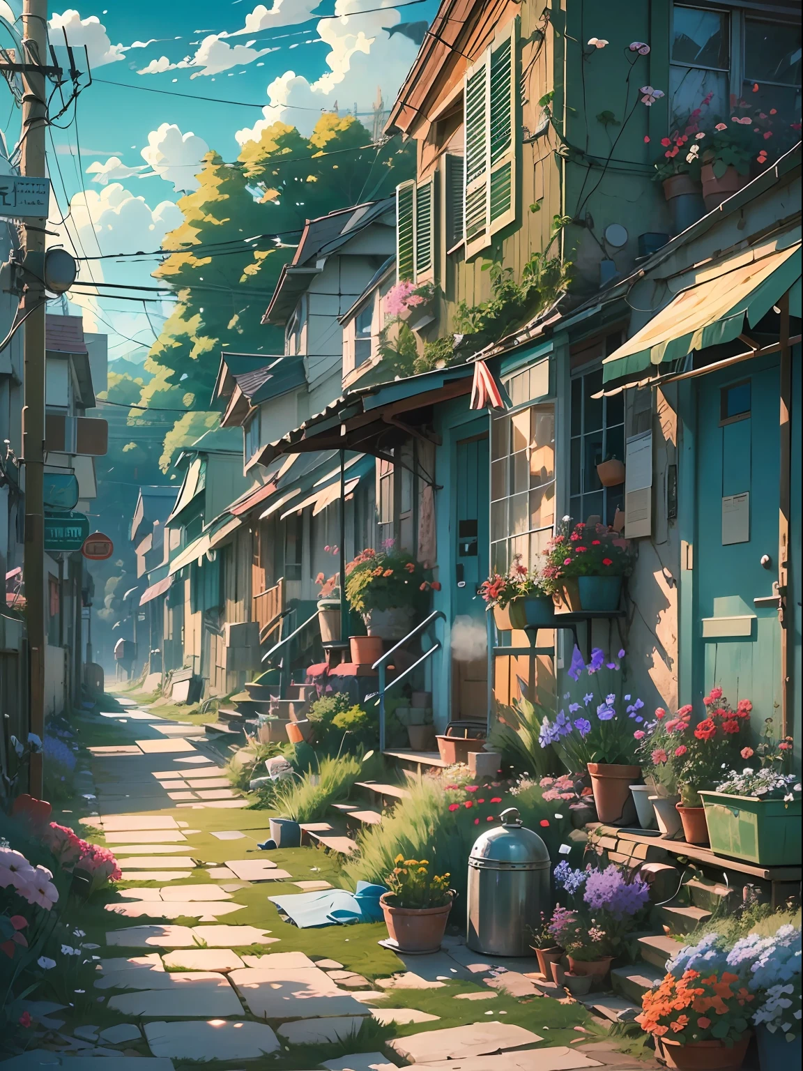 Very cozy little place, surrealism, (Makoto Shinkai anime: 0.4), dilapidated old houses on city streets, home wiring, outdoors, sky, clouds, daytime, landscapes, trees, blue sky, buildings, signs, wires, railings, Wide shot, telephone poles, town, wilderness, flowers, a mess of utensils