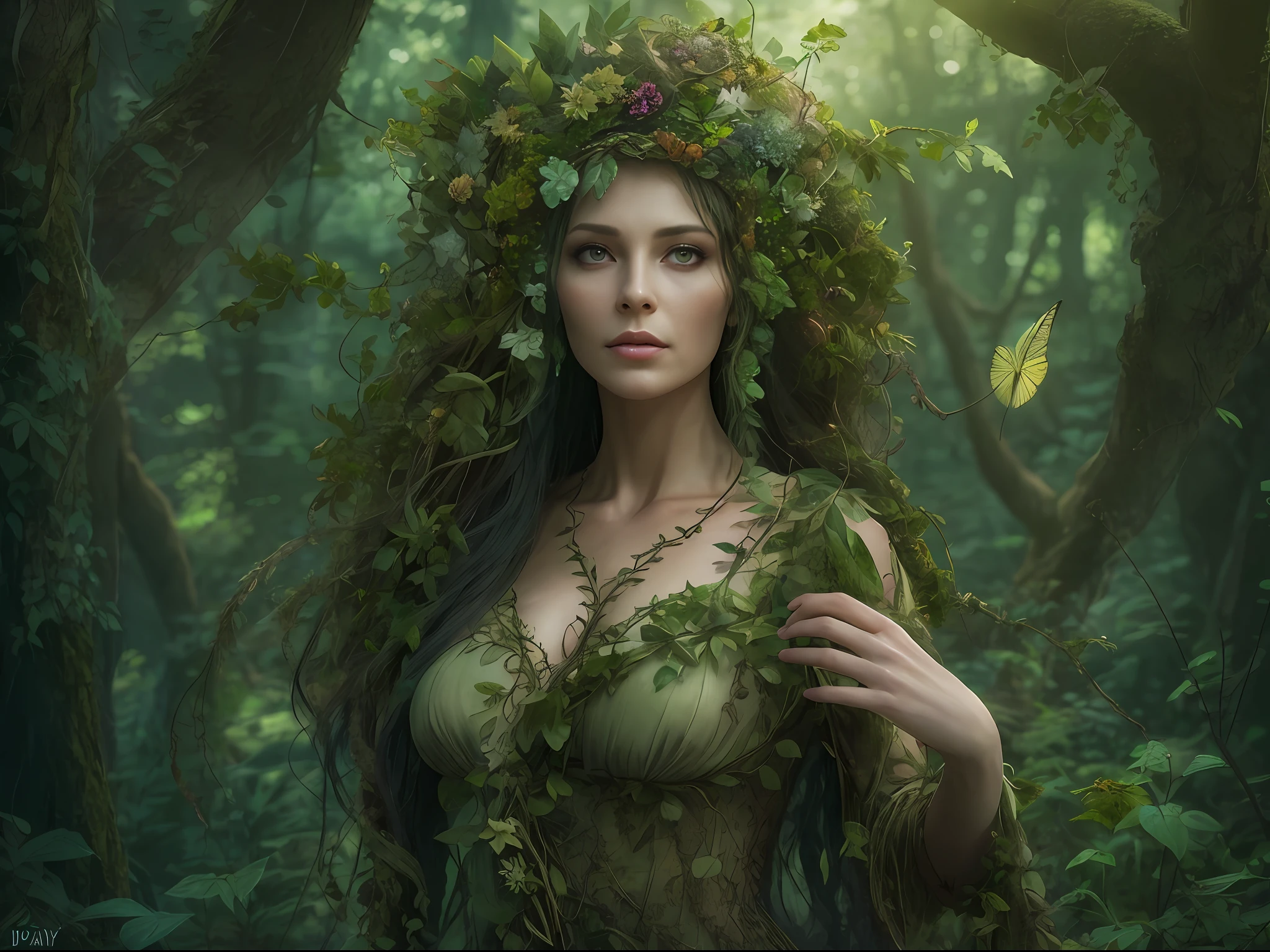 there is a woman that is standing in the woods with a bottle, nature goddess, enchanted with nature spirit, dryad in the forest, dryad, forest dryad, goddess of nature, mother nature, goddess of the forest, beautiful elegant dryad, wearing a dress made of vines, karol bak uhd, fey queen of the summer forest, mother earth, photo realism, ultra detailed, wide shot, high texture, cinematic lighting, dramatic, dark forest