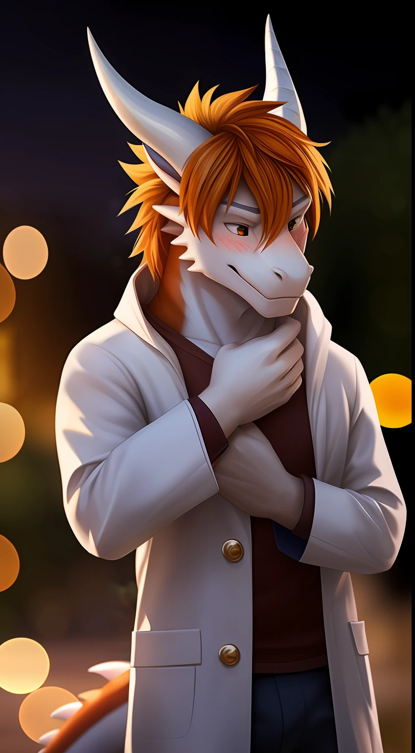 (Masterpiece, best quality, realistic:1), furry, male, standing - style sexy, hands on leg, posing, house, midnight, expressive, male, (bokeh:1.3), depth of field,(Dragon:1), nice hands, perfect hands, blush, white body skin, orange only hair, waring a white coat