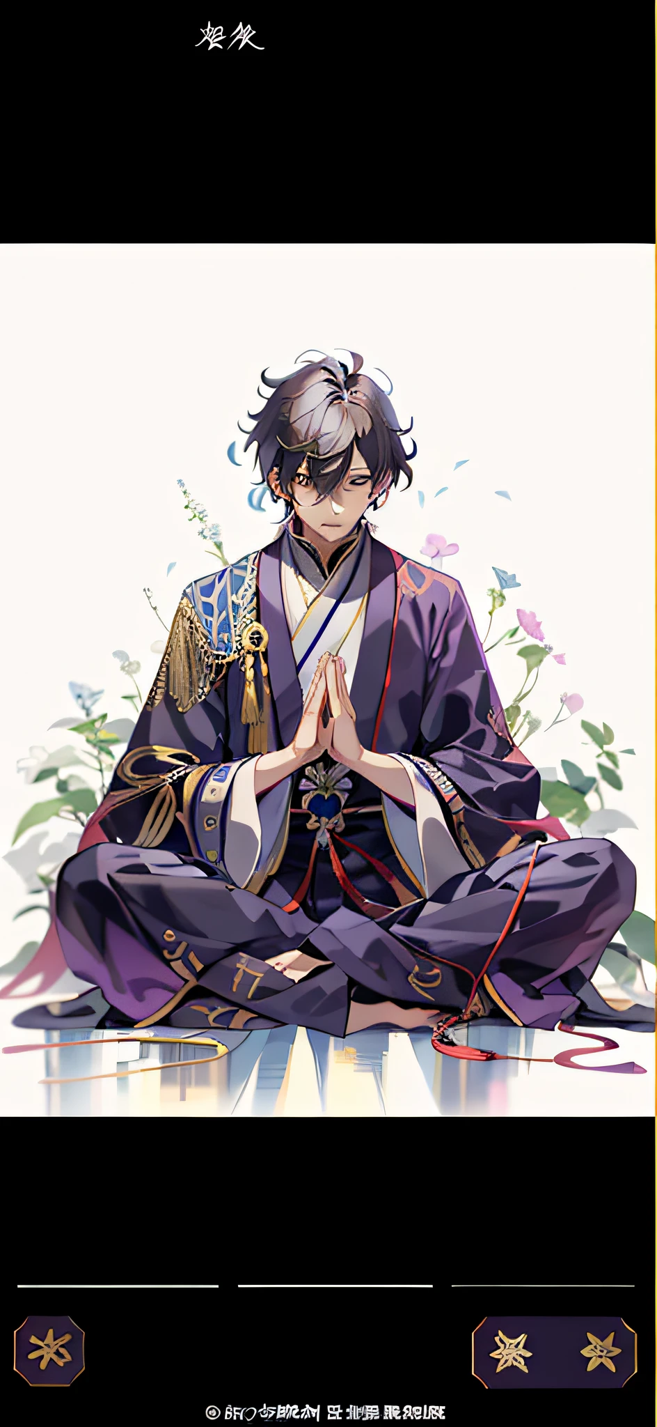 Anime characters sit in a meditative position with their hands folded, inspirado em Okumura Masanobu, handsome guy in demon killer art, hijikata toushirou of gintama, anime figure, anime wallaper, anime style character, Handsome anime pose, male anime character, author：Li Zai, 4k manga wallpapers