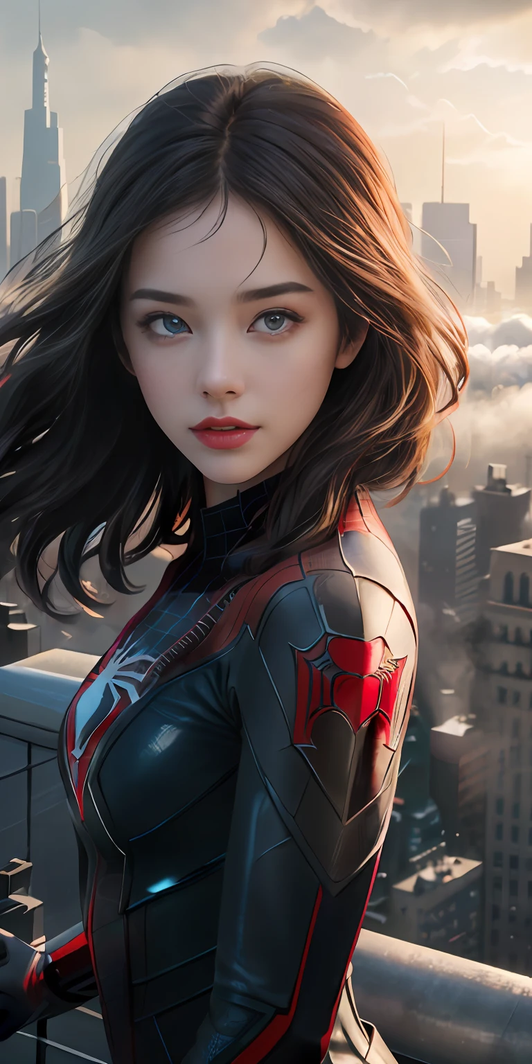 (1girl:1.3), Solo, (((Very detailed face)))), ((Very detailed eyes and face)))), Beautiful detail eyes, Body parts__, Official art, Unified 8k wallpaper, Super detailed, beautiful and beautiful, beautiful, masterpiece, best quality, original, masterpiece, super fine photo, best quality, super high resolution, realistic realism, sunlight, full body portrait, amazing beauty, dynamic pose, delicate face, vibrant eyes, (from the front), She wears Spider-Man suit, red and black color scheme, spider, very detailed city roof background, rooftop, overlooking the city, detailed face, detailed complex busy background, messy, gorgeous, milky white, highly detailed skin, realistic skin details, visible pores, clear focus, volumetric fog, 8k uhd, DSLR, high quality, film grain, fair skin, photo realism, lomography, futuristic dystopian megalopolis, translucent