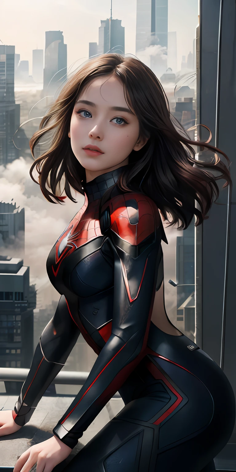 (1girl:1.3), Solo, (((Very detailed face)))), ((Very detailed eyes and face)))), Beautiful detail eyes, Body parts__, Official art, Unified 8k wallpaper, Super detailed, beautiful and beautiful, beautiful, masterpiece, best quality, original, masterpiece, super fine photo, best quality, super high resolution, realistic realism, sunlight, full body portrait, amazing beauty, dynamic pose, delicate face, vibrant eyes, (from the front), She wears Spider-Man suit, red and black color scheme, spider, very detailed city roof background, rooftop, overlooking the city, detailed face, detailed complex busy background, messy, gorgeous, milky white, highly detailed skin, realistic skin details, visible pores, clear focus, volumetric fog, 8k uhd, DSLR, high quality, film grain, fair skin, photo realism, lomography, futuristic dystopian megalopolis, translucent