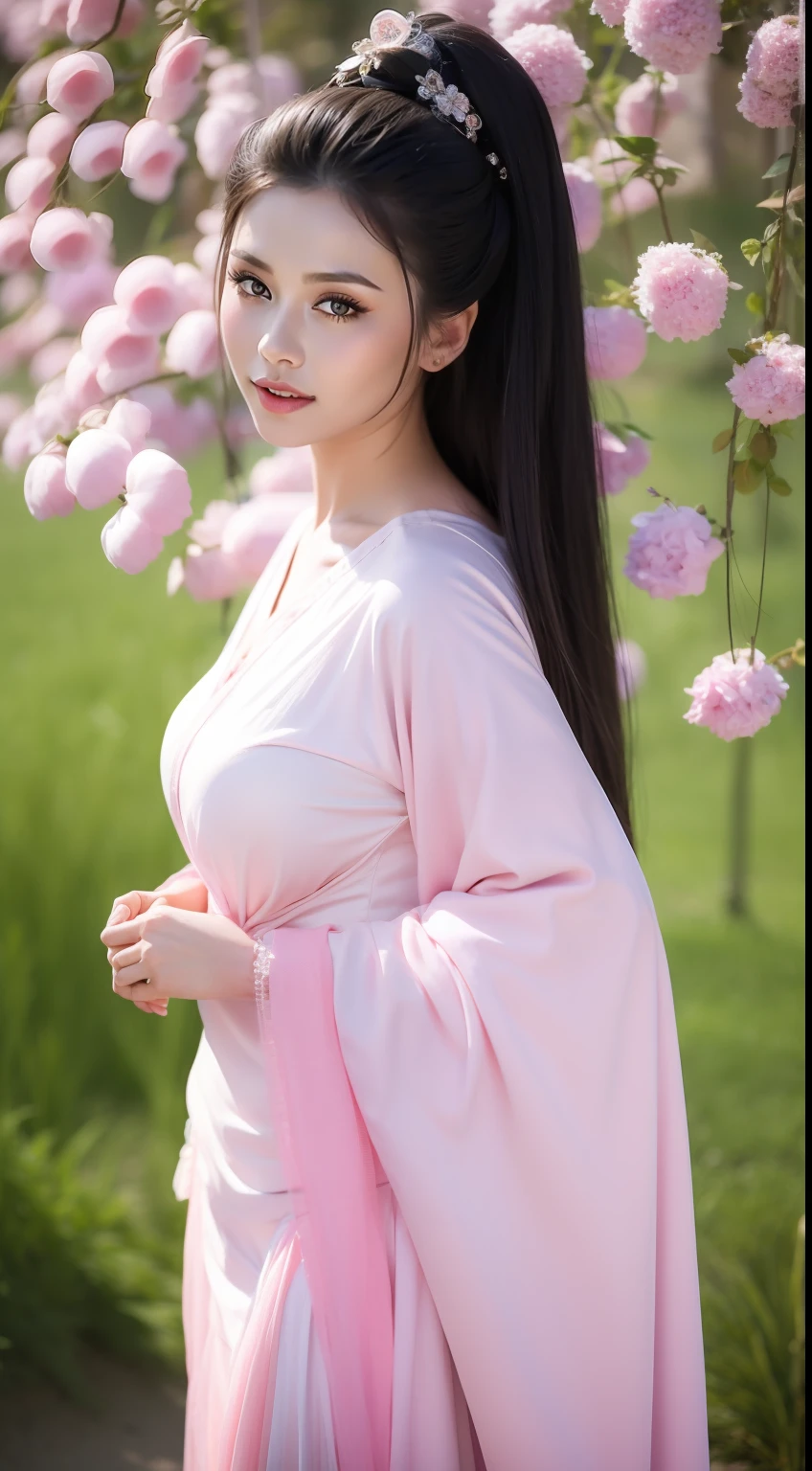 Fashion model 20 years old [[[[closeup cleavage]]]], [[[[boobgasm]]]], [[[[coll]]]], [[[[bshoulders]]]], perfect  eyes, Perfect iris，perfect lips，perfect teeth，Perfect skin，Long face，Soft front light，hdr，Movie girl，Pink casual clothes，The background is green trees and fields，（pastel colour：1.2）