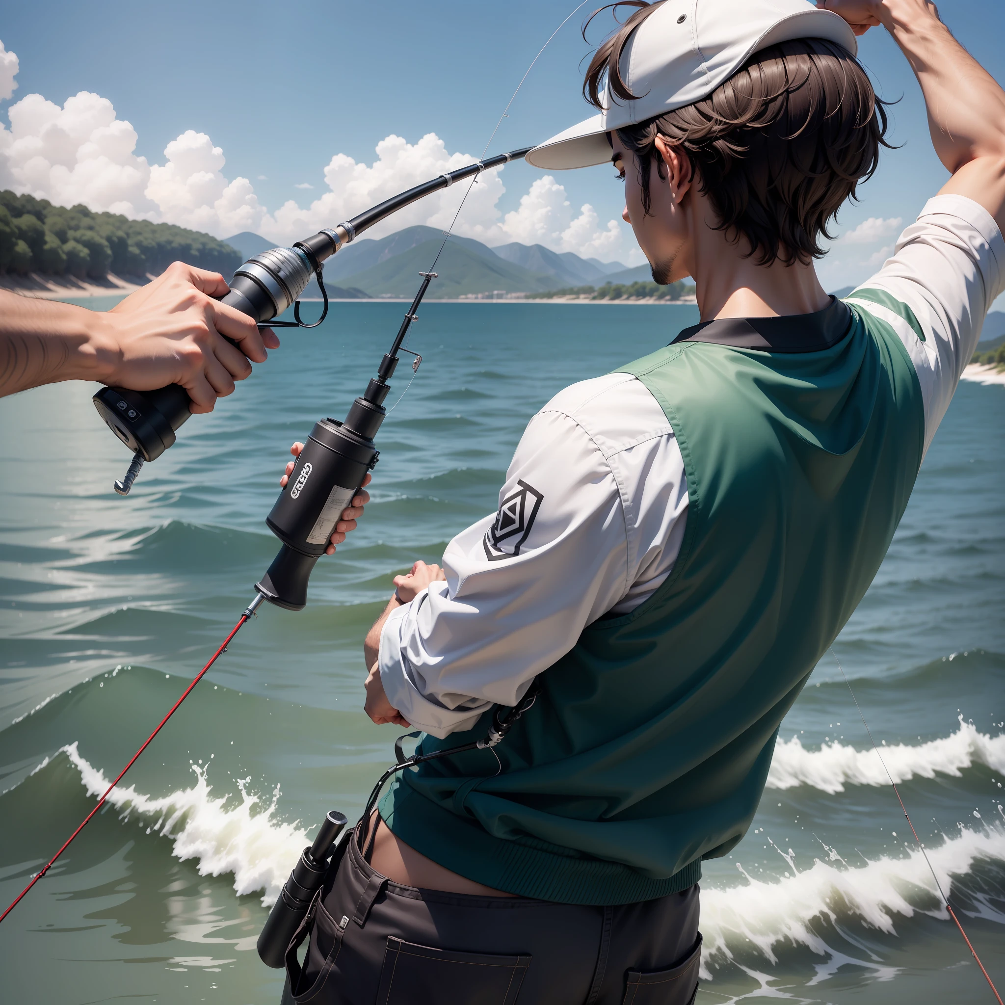 A man，The back of the character，Parallel shooting，Hold a fishing rod in your hand，Bend your arms and lift the rod upwards --auto