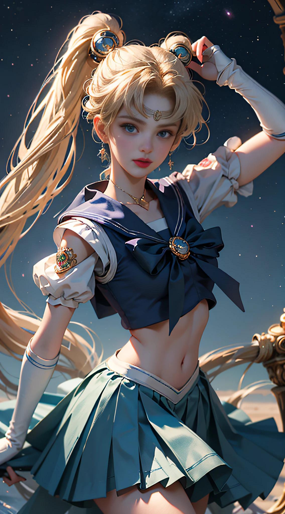 （（tmasterpiece））， （（best qualtiy））， （ultra - detailed）， （（The is very detailed））， 4K， （8K）， Frontal view，the sailor moon， cabellos largos dorados， dual horsetail，sailor moon aesthetic，a beauty girl，Puffy skirt，blue colors， Dream Core，