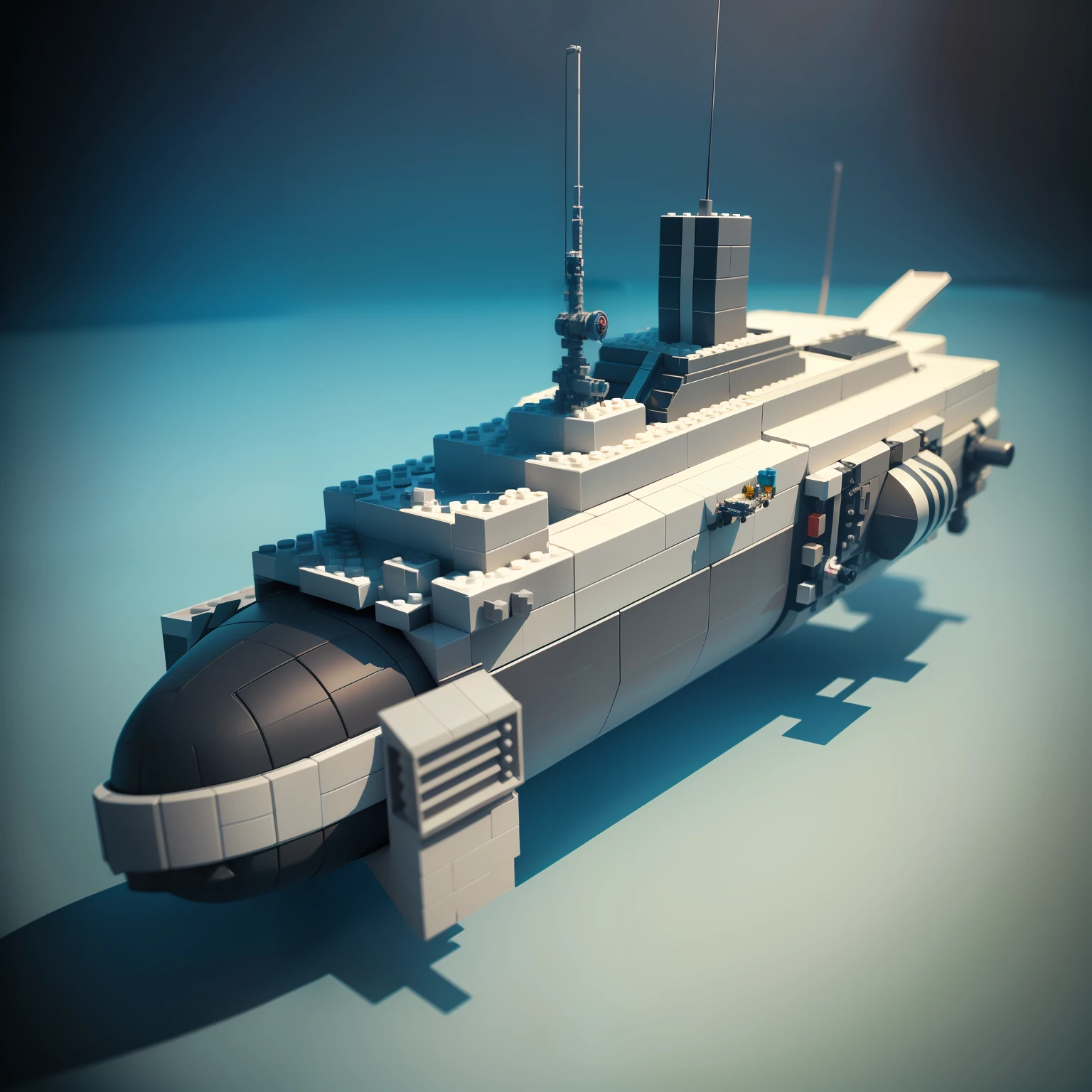 An underwater small submarine，sci - fi look，voxels，lego style，infinite details，Chunking，Oval shape，C4D，