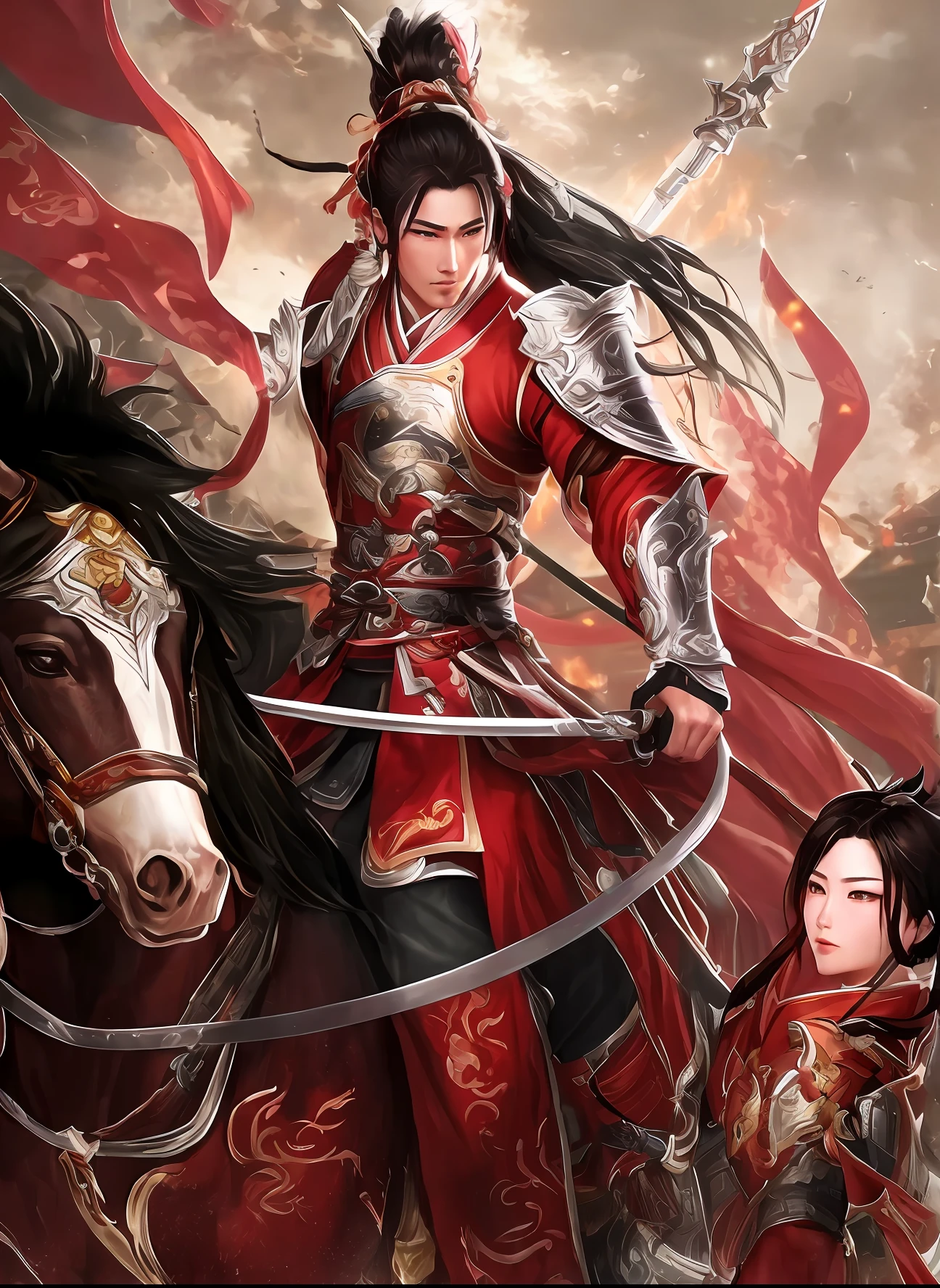a close up of a person on a horse with a sword, Sword Warrior Love 3,jx3,gaming character,Game poster,Wuxia game character, by Yang J, Chinese Warrior, G Liulian art style, author:Qu Leilei, xianxia hero, bian lian, Dynasty warriors, author:Wang Yi, author:Julian, inspired by Li Kan, Yang Qi, Male Warrior, Game CG, author:Yang Borun