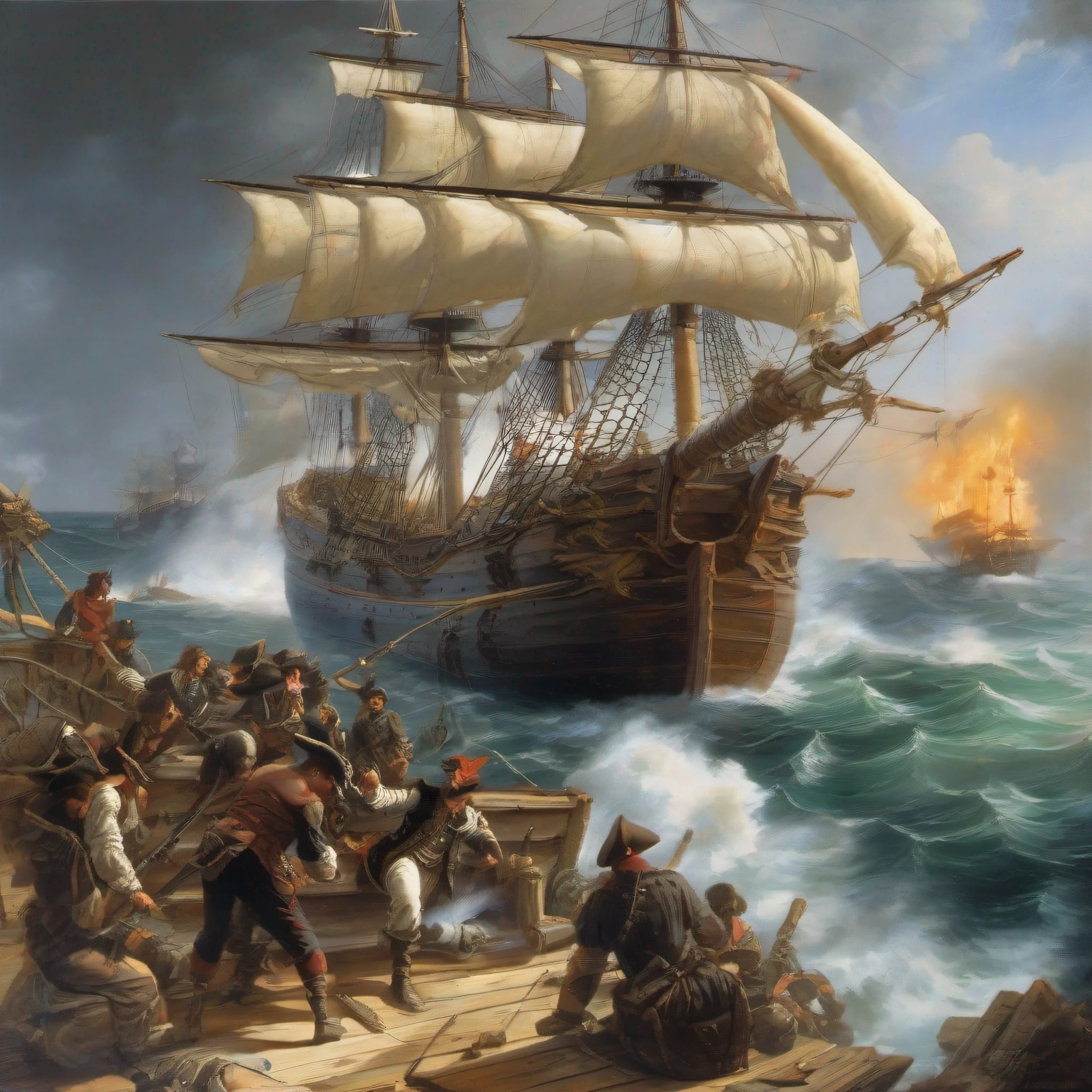 Painting of pirates on a ship with a cannon and a ship in the background, Batalla naval, en la cubierta de un velero, Batallas navales, Una batalla naval pirata