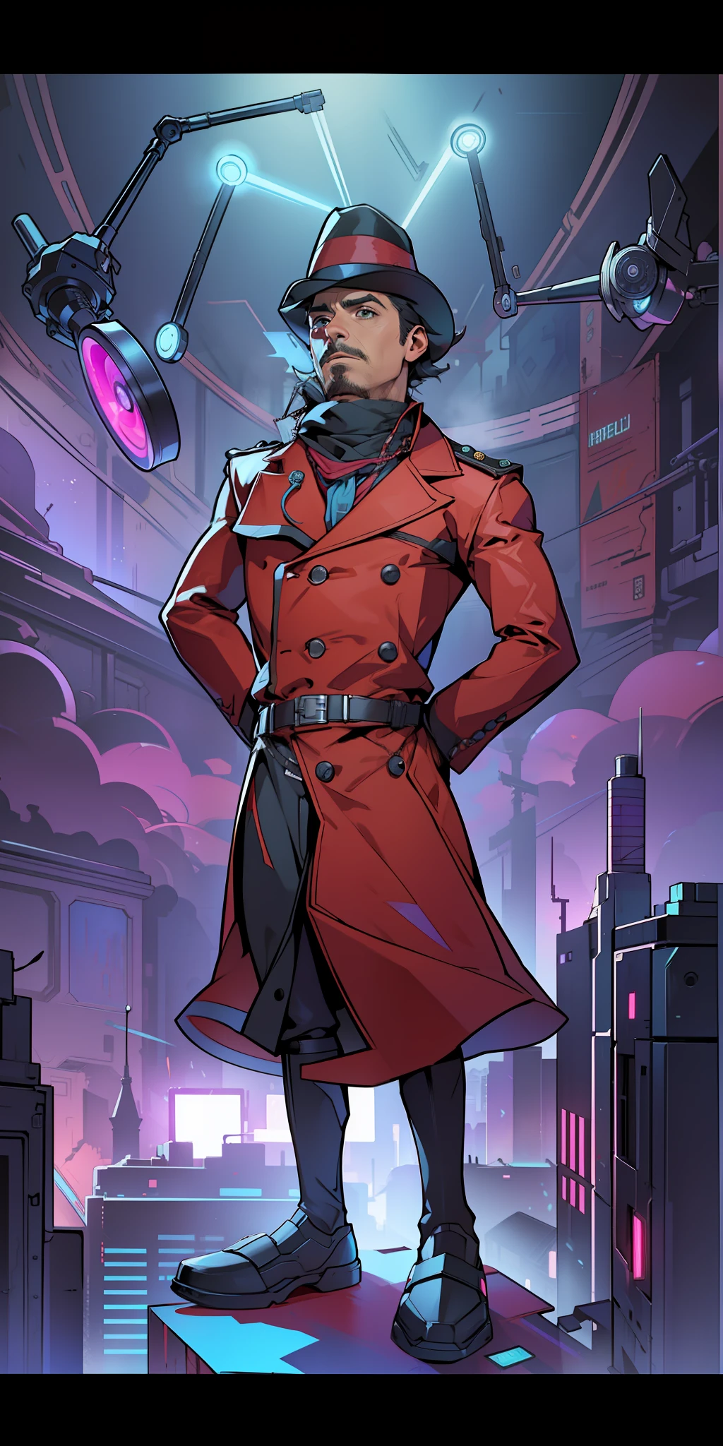 Ultra resolution 8K, detective estiló Sherlock Holmes, estilo cyberpunk,sombrero especial, parecido a Robert Downey Jr. muy detallado, obra maestra perfecta