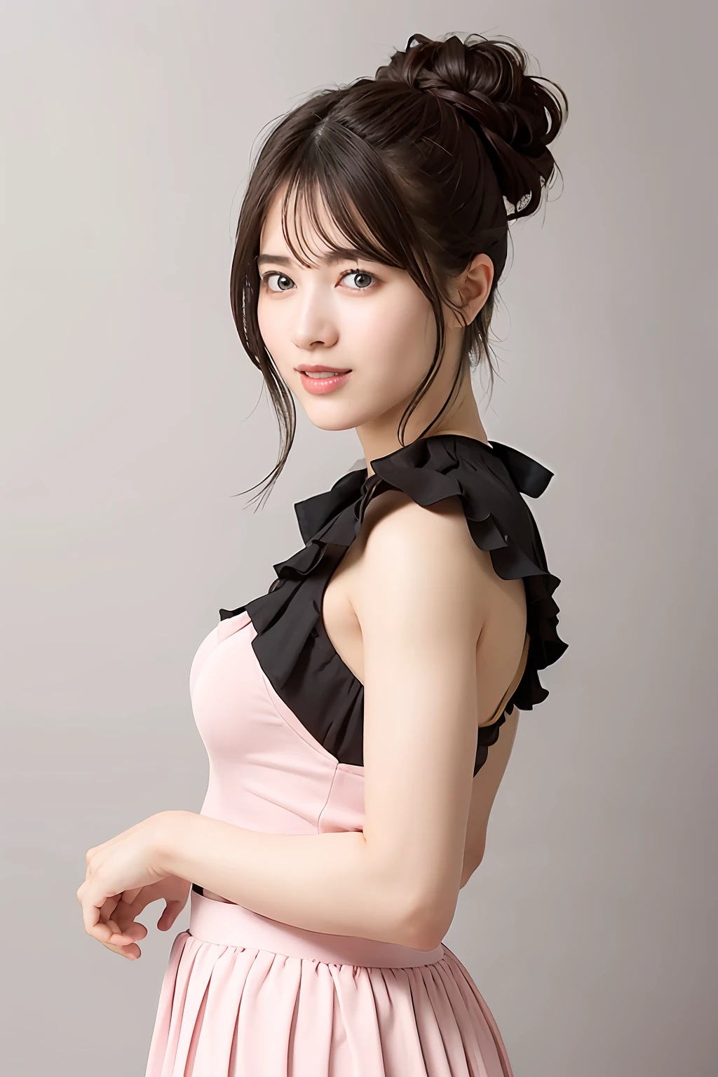 (RAW photo, best quality), (realistic, photo-realistic:1.3), best quality ,masterpiece, an extremely delicate and beautiful, extremely detailed ,CG ,unity ,2k wallpaper, Amazing, finely detail, masterpiece, light smile, best quality, extremely detailed CG unity 8k wallpaper, huge filesize , ultra-detailed, highres, extremely detailed, 1girl, slim body, small breasts, (black leotard top:0.7), (pink skirt:1.2), (bun hair), (brown hair), looking at looking at viewer, sharp focus, face close-up, nsfw,,,, pureerosface_v1:0.8 short hair,