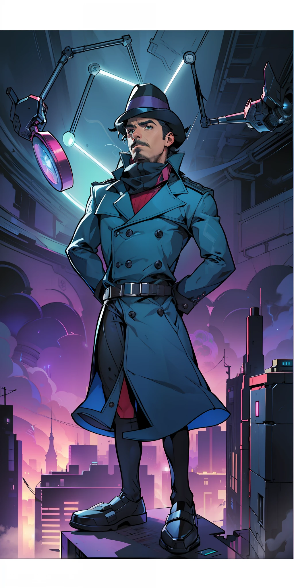 Ultra resolution 8K, detective estiló Sherlock Holmes, estilo cyberpunk,sombrero especial, parecido a Robert Downey Jr. muy detallado, obra maestra perfecta