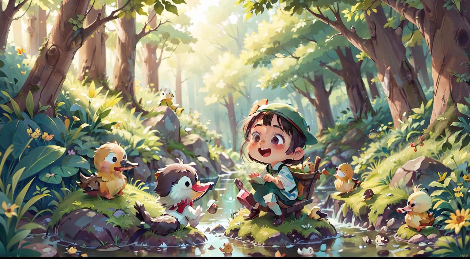 A small river in the forest,Ducklings swimming in the water,Puppy by the river,grassy fields,children illustration,cheerfulness,rejoice,Perfect quality,Clear focus(Clutter - home:0.8), (tmasterpiece:1.2)(bokeh) (best qualtiy) (Simple details) (8K) (detailedeyes) (Sharp focus),(having fun)