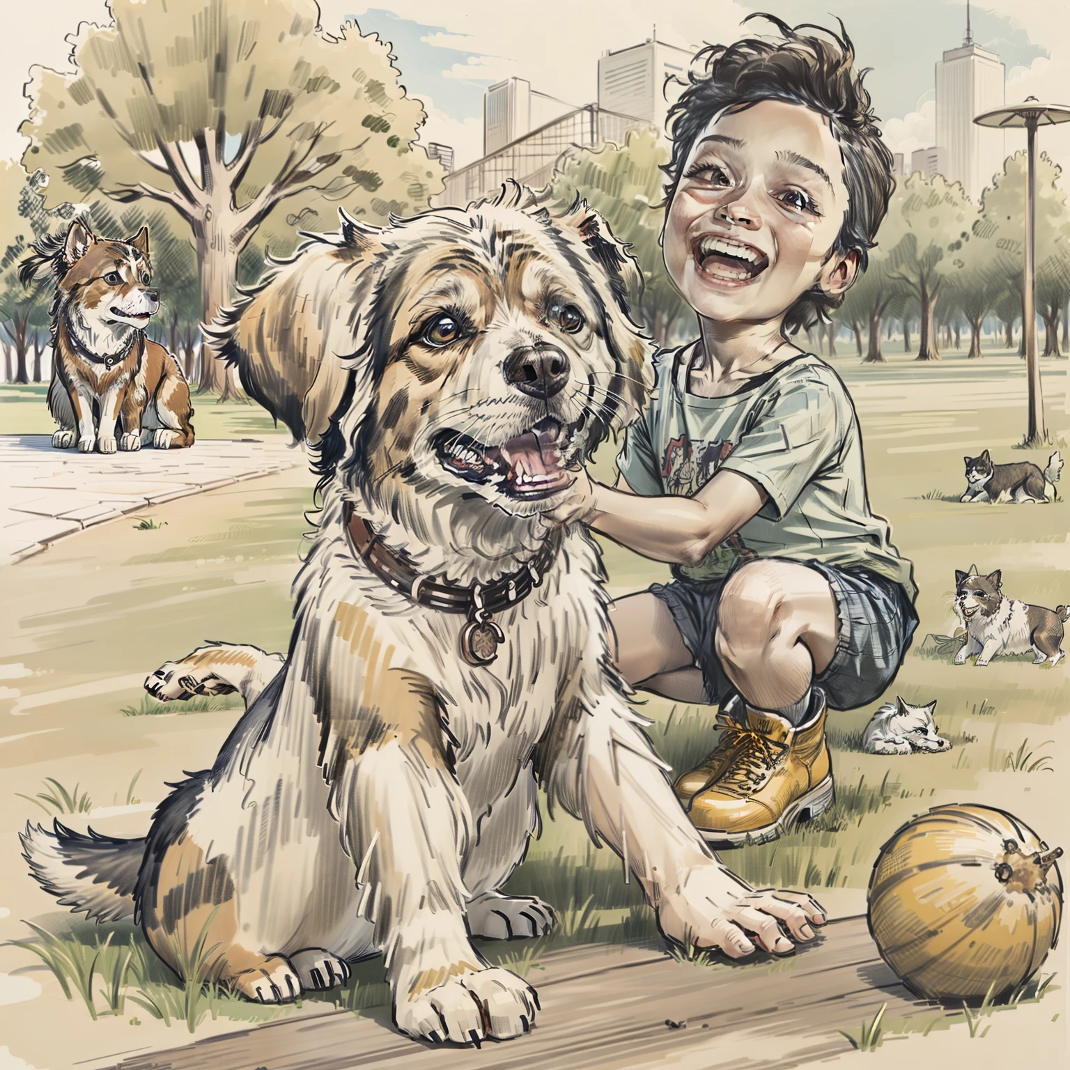 Cartoon Design, estilo pencil sketch, coloreado a mano con diversos tonos, representando a un cachorro de raza jugando feliz en un parque.