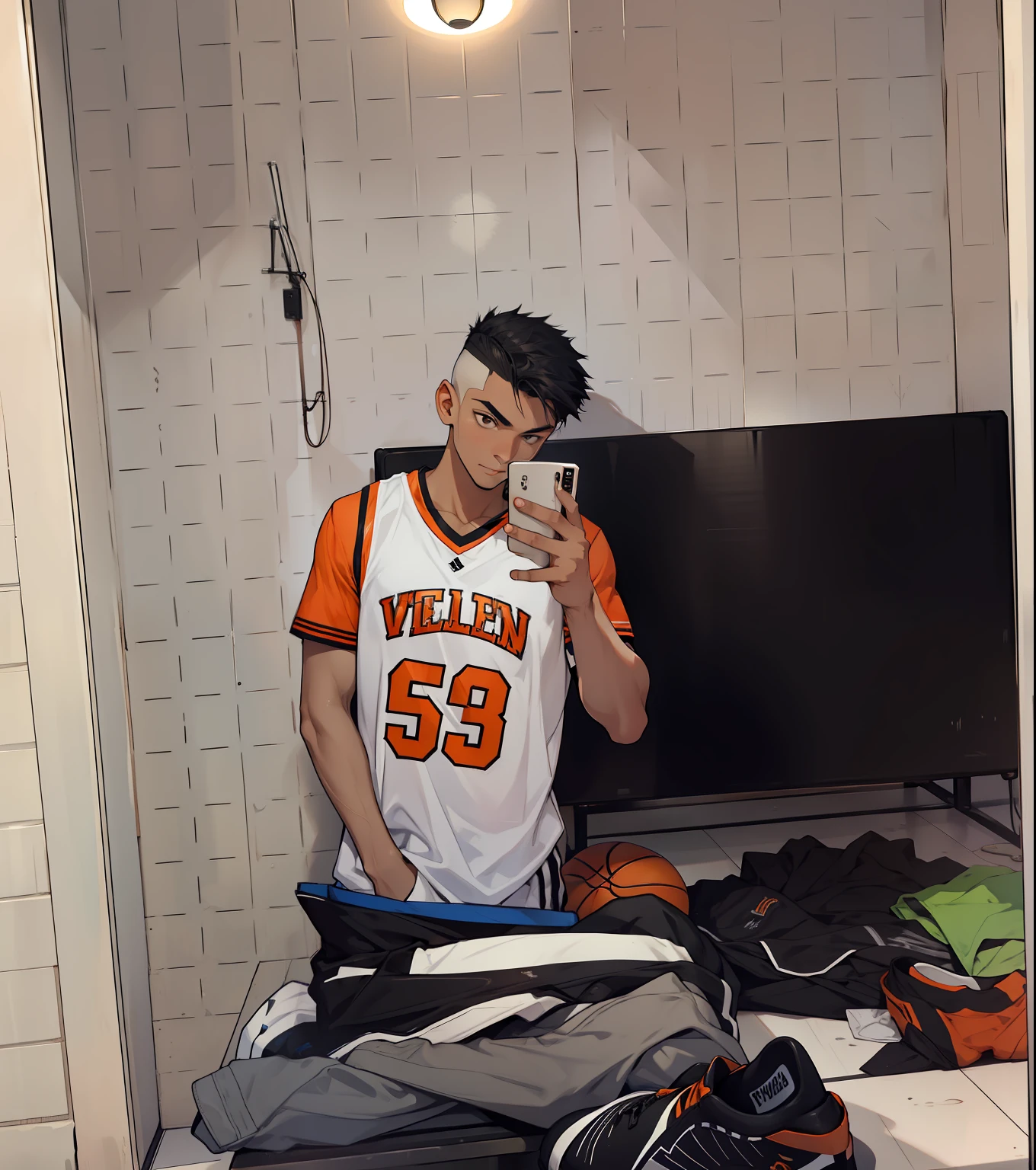 Young man with stripes on the side of his head with basketball shirt with white colors and black and orange details taking photo