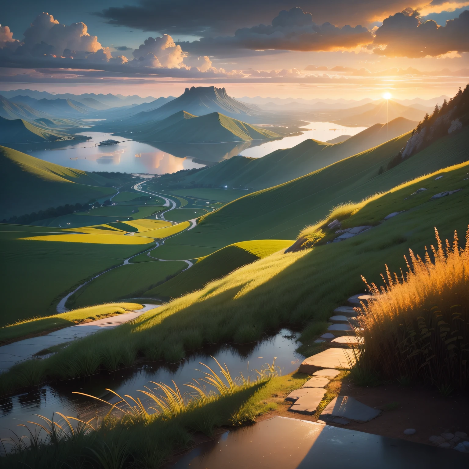 Pure landscape view,Heights、and it was raining lightly、Heal the beautiful scenery。evening light、Great view of the reeds、Beautiful artistic conception、the sunset、precipice