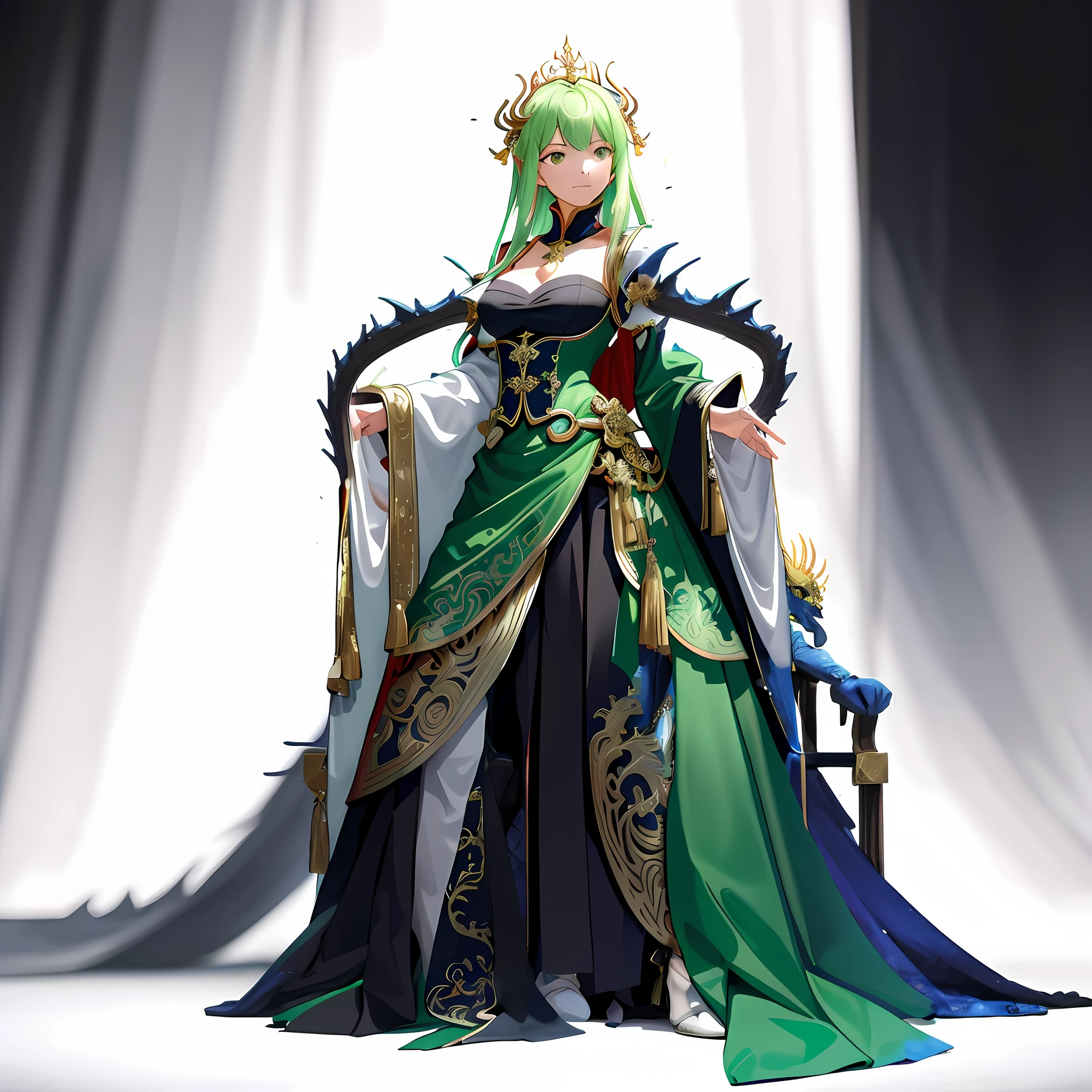 iintricate，detail-rich，prinz，Imperial assets，golden armour，Fairy，Wear a short white light green skirt，cleavage，nipple tassels，Ribbons，color embroidery， white gold red，
Dragon wind auspicious，The sky dances