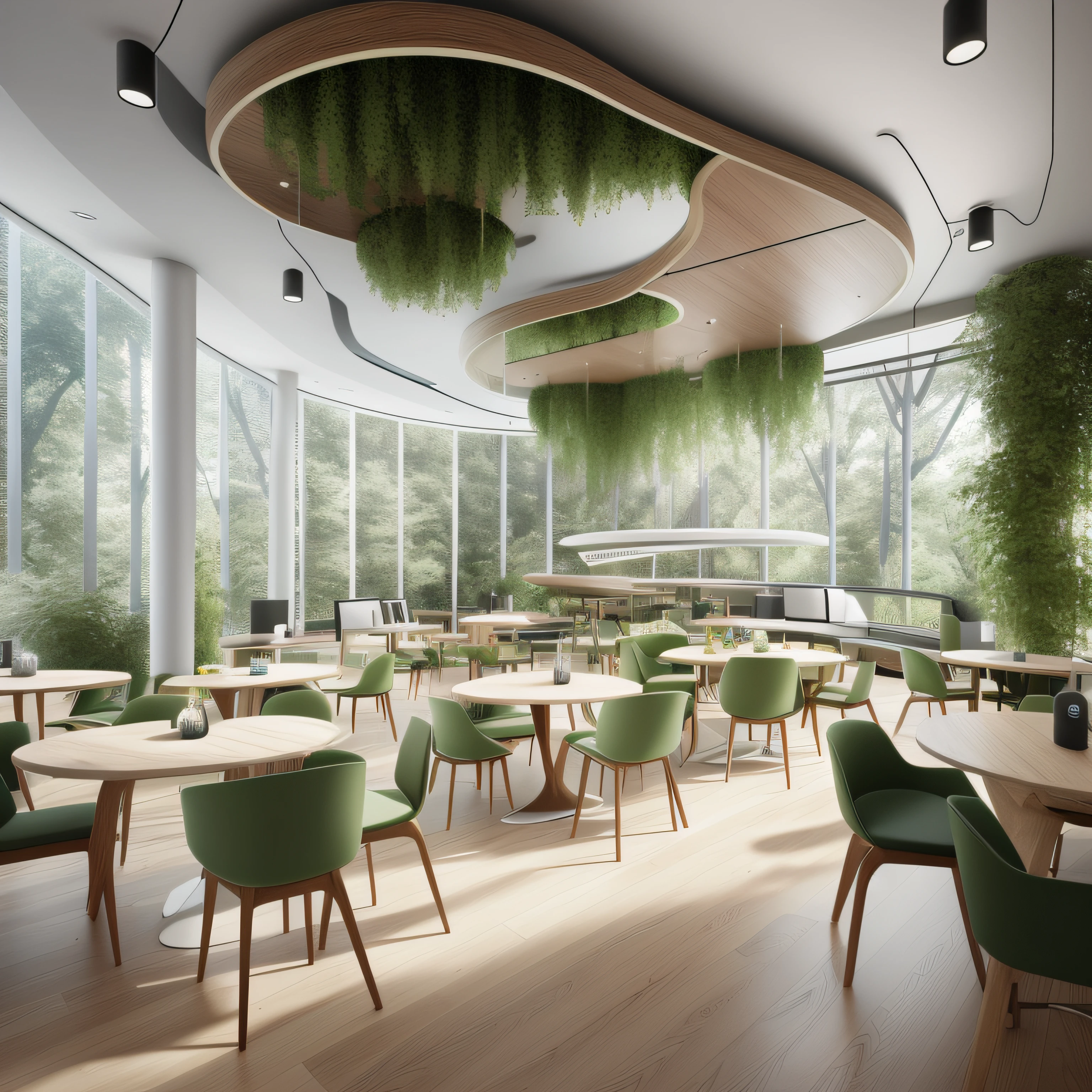 There was a big room,There were a lot of dark green chairs,Dark wooden table,biophilia mood, gourmet restaurant, Cafe interior, rounded ceiling, highly photographic render, curved furniture, Realistic physical rendering, Rendered in V-Ray, interior architecture view, green terrace, highly detailed render, high quality rendering, building rendering, rendered in corona, forest theme, natural realistic render