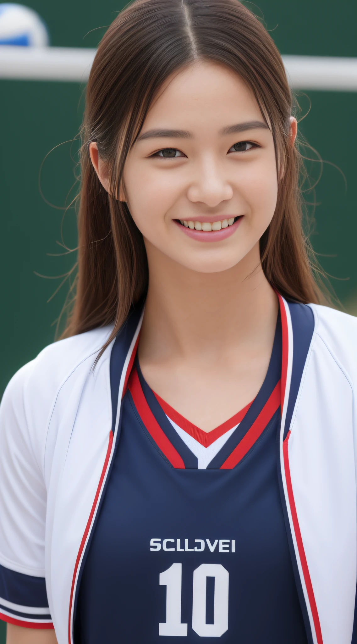 ((top-quality、8K、masterpiece:1.3))、sharp:1.2、Perfect Body Beauty:1.4、Slim abs:1.2、Big、((Volleyball uniform:1.3))、(Gymnasium、game:1.2)、Beautiful face、Wavy Hair、Highly detailed facial and skin texture、A detailed eye、二重まぶた、Aspect of looking at the camera、A smile