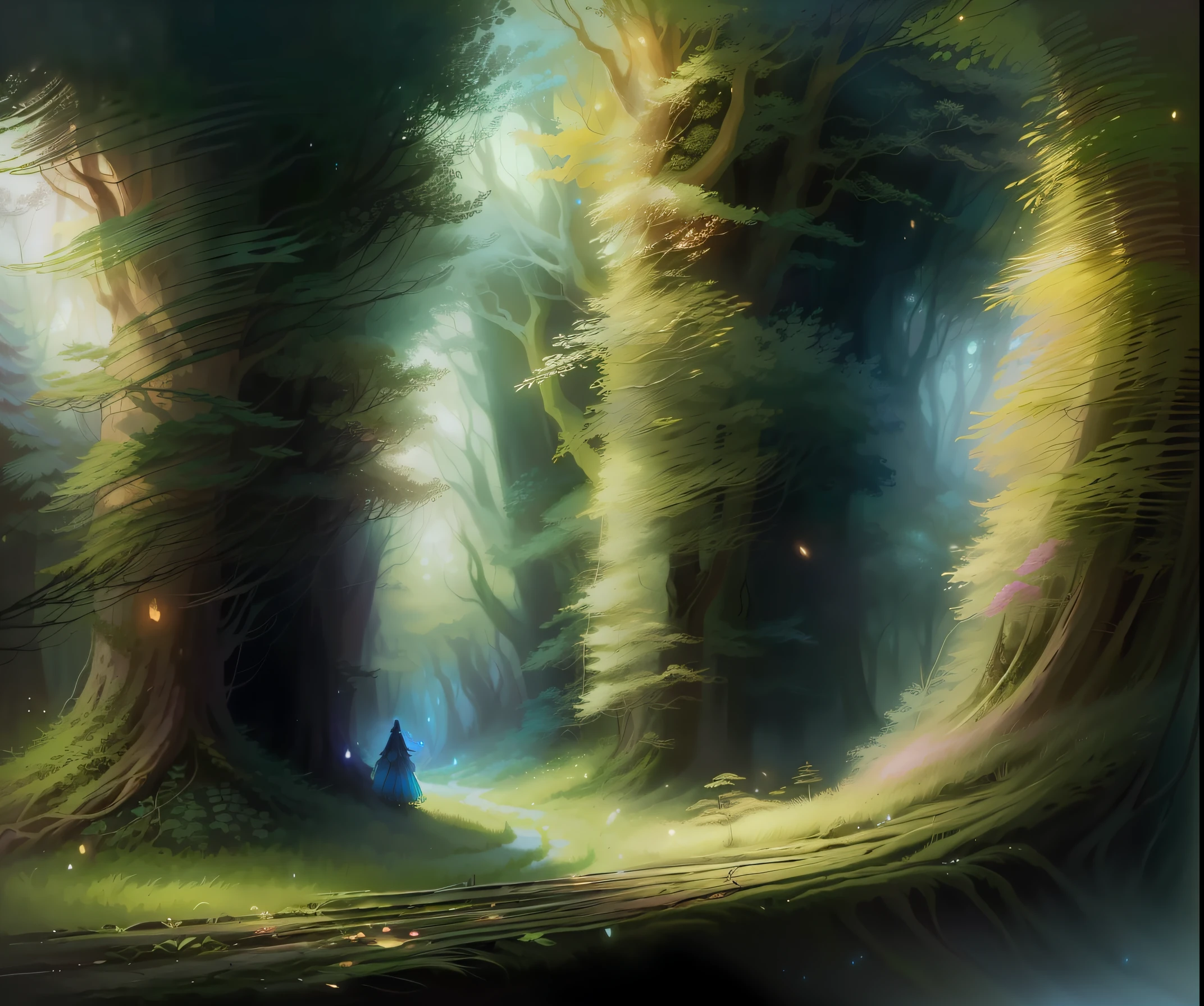 a drawing,A woman lies on the ground in the forest, A beautiful artwork illustration, lost in a dreamy fairy landscape, Fairy atmosphere, magic fairy forest, Anime fantasy illustration, fantasy painterly style, fairy tale forest, Magical environment, magical fantasy forest, fairytale artwork, enchanted magical fantasy forest, Anime fantasy artwork, beautiful fantasy art, Beautiful fantasy painting