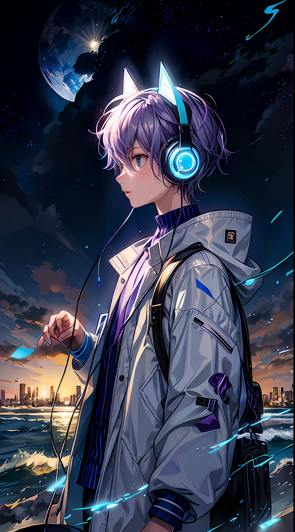 Blue coat，Light purple hair，beachside，the sea，With blue illuminated headphones，nigh sky，shoun