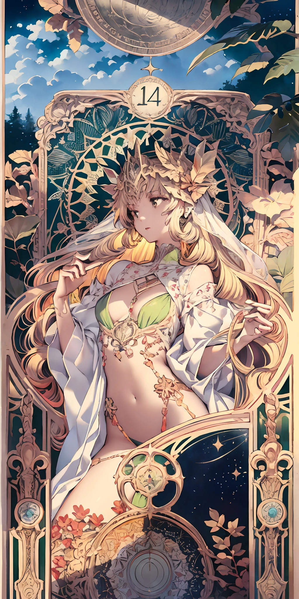 Slim floral border,goddess of the forest, full bodyesbian, Decorative panels, abstract artistic, Alphonse Mucha (tmasterpiece, best qualtiy, A high resolution: 1.4), A detailed, Complicated details, 4K, Color splattering, Line art, Fibonacci, starrysky, natta, exteriors, Clouds, Reflectors, Eau, magick, (tarot cards),Cards, ((beautiful golden crystal star)) buliding, palaces, Patterned, Sumeru, Clouds, themoon