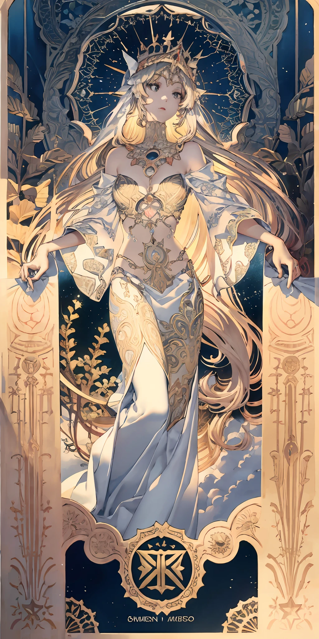 Slim floral border,Hera, the queen of God, full bodyesbian, Decorative panels, abstract artistic, Alphonse Mucha (tmasterpiece, best qualtiy, A high resolution: 1.4), A detailed, Complicated details, 4K, Color splattering, Line art, Fibonacci, starrysky, natta, exteriors, Clouds, Reflectors, Eau, magick, (tarot cards),Cards, ((beautiful golden crystal star)) buliding, palaces, Patterned, Sumeru, Clouds, themoon