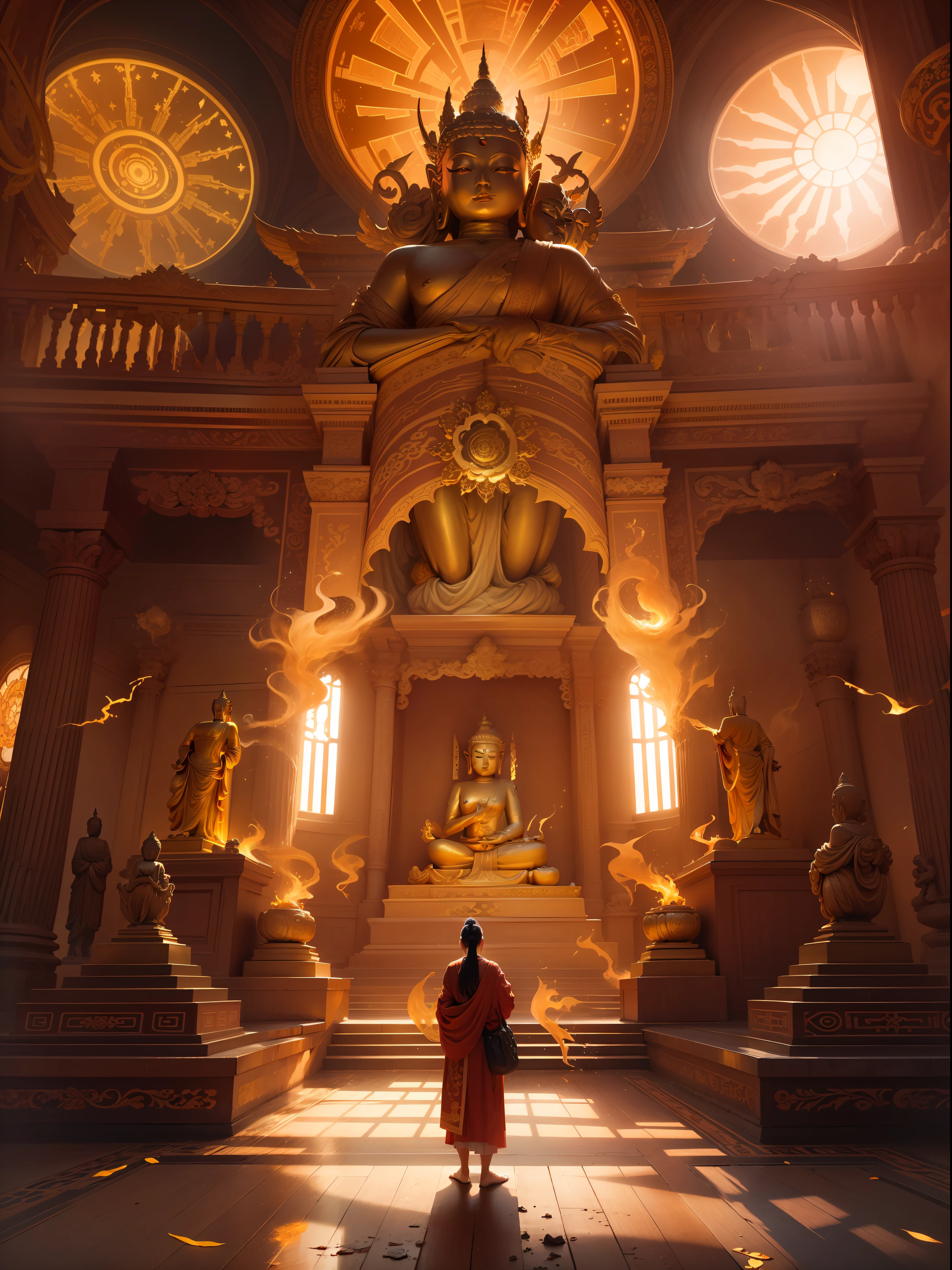 Picture quality:A masterpiece of high detail,8K,High resolution Body content:1girll,16 yaers old,Sideways position, Broad perspectives,wears a long robe,Glowing hair,long leges,Exudes an aura of majesty and wisdom,The golden Buddha statue Dharma wheel unfolds behind it,Behind him is the mysterious oversized golden wheel golden light,Countless glowing quicksand swirled around this figure,Divine sense top light,The feeling of being high,Background with:A dazzling paradise,enviroment:fanciful,full of sunlight,Buddha is full of light,utopian,The ethereal breath of the Holy Country bathed in the glow of the sky,Hopeful,Divine piety,mystical ambiance:Mysterious unknowable sense of light:sun light,Strong sunshine,Magic beam,The fantasy of the future world is intertwined with reality,Color:Infused with ethereal hues and luminous gold tones,White gold color,High purity color, composition:Ultra-wide angle composition,Faraway view, Style reference:Virtual Engine,The magical texture of red sparks,Chaotic real world