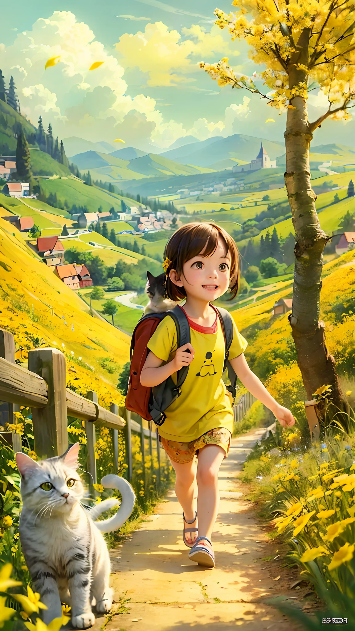 Prompt: An incredibly charming  girl carrying a backpack, accompanied by her adorable Cat, enjoying a lovely spring outing surrounded by beautiful yellow flowers and natural scenery. The illustration is in high definition at 4k resolution, with highly-detailed facial features and cartoon-style visuals.