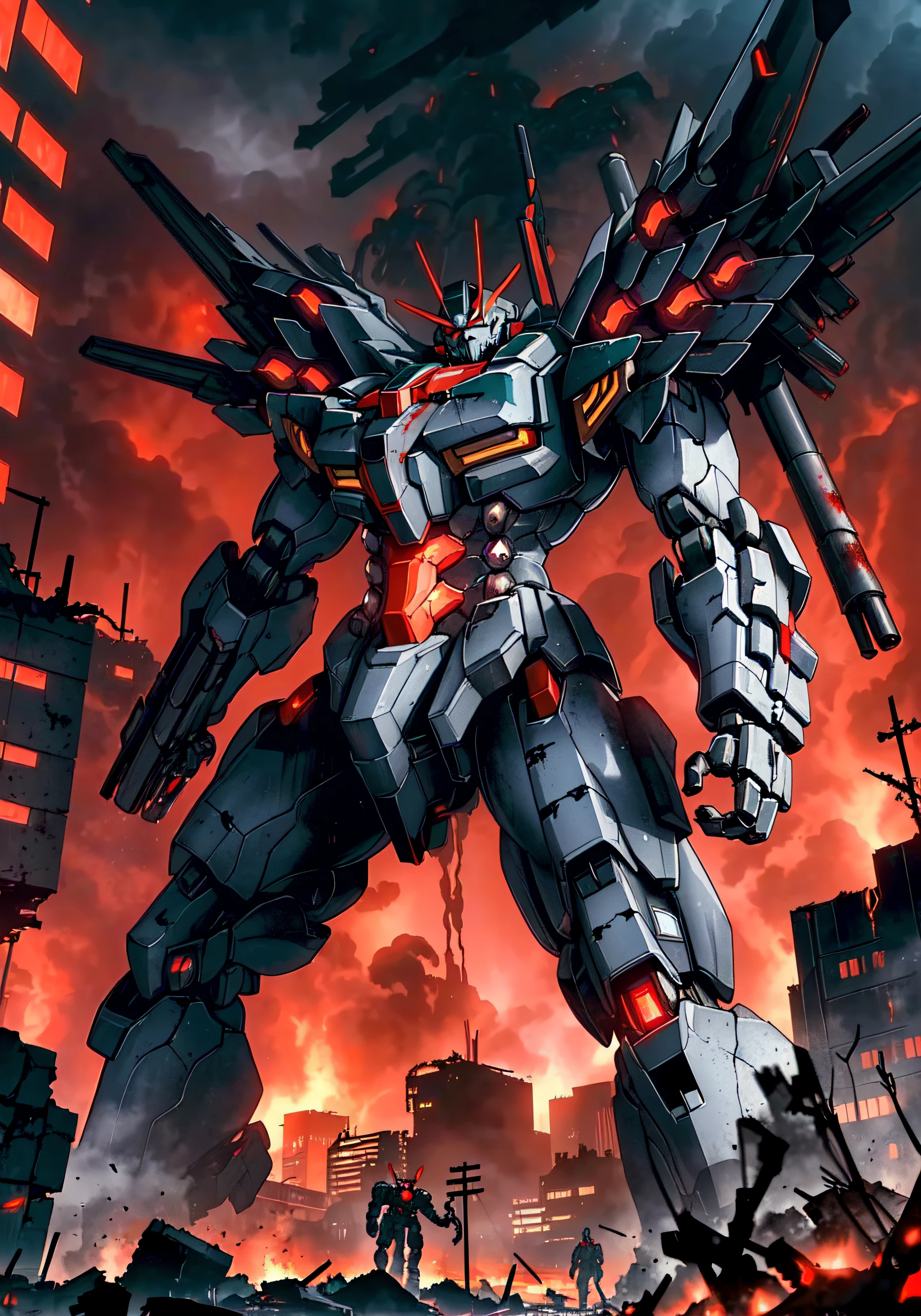 (mecha:1.3), A menacing death machine looming in the foreground, ominous and intimidating with sharp edges and glowing red lights. The background is a dystopian cityscape riddled with destruction and chaos, complete with smoke billowing from crumbling buildings and a blood-red sky. The style is inspired by classic anime elements, with bold lines and vivid colors bringing the machine to life. The atmosphere is tense and foreboding, capturing the fear and danger of the situation with chilling accuracy.