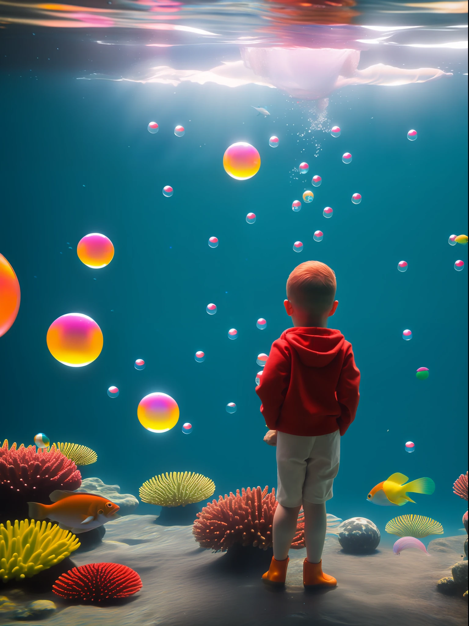 An underwater scene where fish swim, in the style of Rene Magritte, A kid watches in wonder from his bubble, Colorful bubbles, Close-up shot of the kid amidst this surreal scene, Rendered by Alec Soth with unreal engine 5, Luminism, cinematic lighting, retina, textured skin, anatomically correct, best quality, award winning