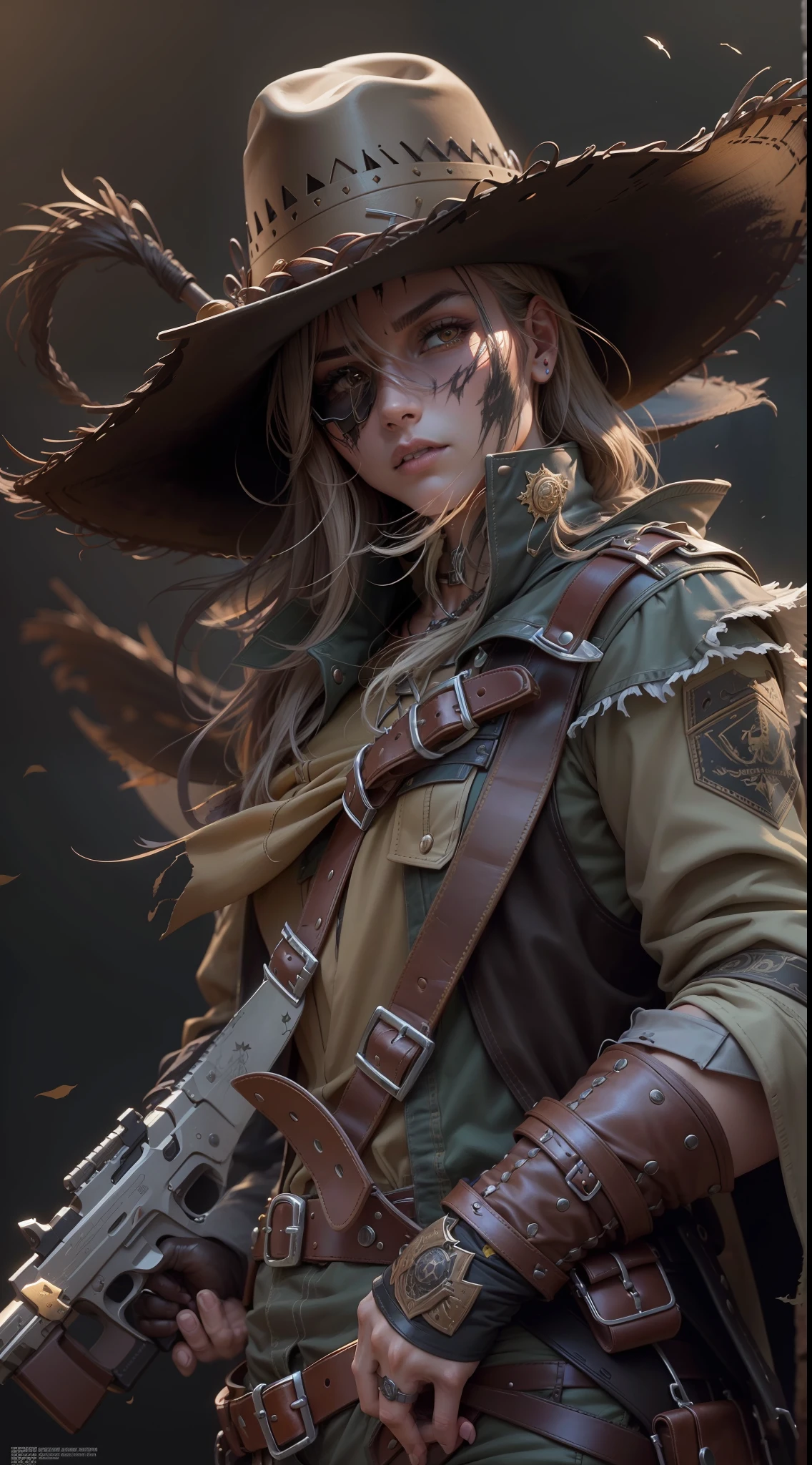 La mejor calidad posible, Ultra resolution 8K , Stunning illustration,la mejor de todas, premiada, How the best, scarecrow stampunk cowboy hat leather belt, pistolas en cada mano, carga dos espadas en su espalda, Action Pose Add Effect at End, Super masterpiece, Super detailed hyper-detailed