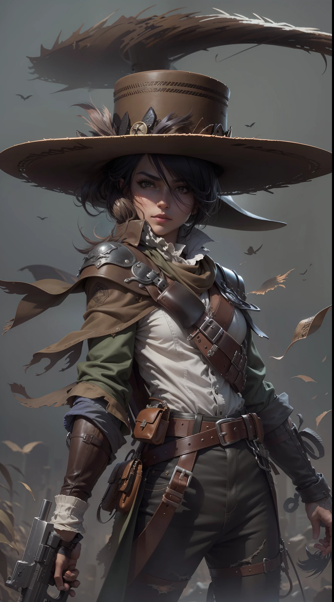 La mejor calidad posible, Ultra resolution 8K , Stunning illustration,la mejor de todas, premiada, How the best, scarecrow stampunk cowboy hat leather belt, pistolas en cada mano, carga dos espadas en su espalda, Action Pose Add Effect at End, Super masterpiece, Super detailed hyper-detailed