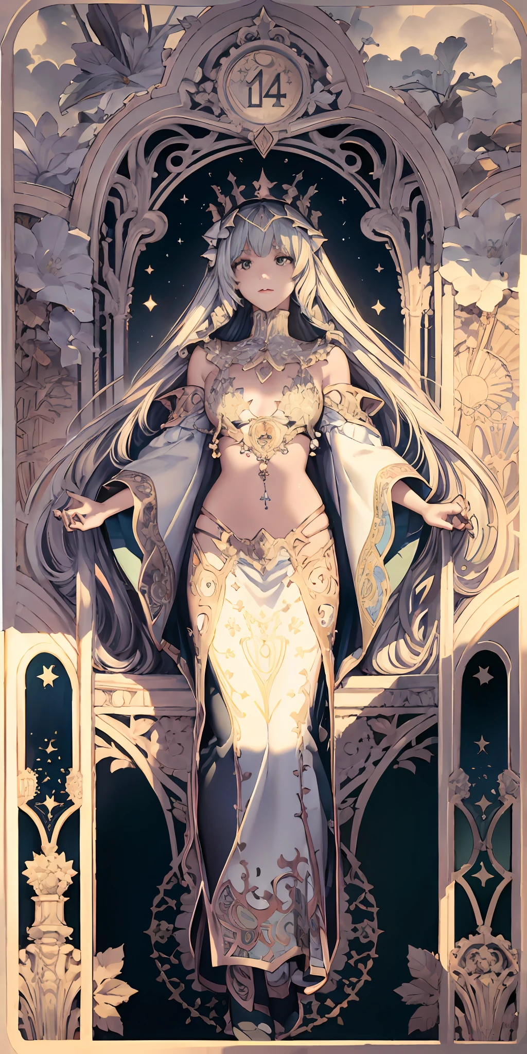 Slim floral border,Hestia, the queen of God, full bodyesbian, Decorative panels, abstract artistic, Alphonse Mucha (tmasterpiece, best qualtiy, A high resolution: 1.4), A detailed, Complicated details, 4K, Color splattering, Line art, Fibonacci, starrysky, natta, exteriors, Clouds, Reflectors, Eau, magick, (tarot cards),Cards, ((beautiful golden crystal star)) buliding, palaces, Patterned, Sumeru, Clouds, themoon