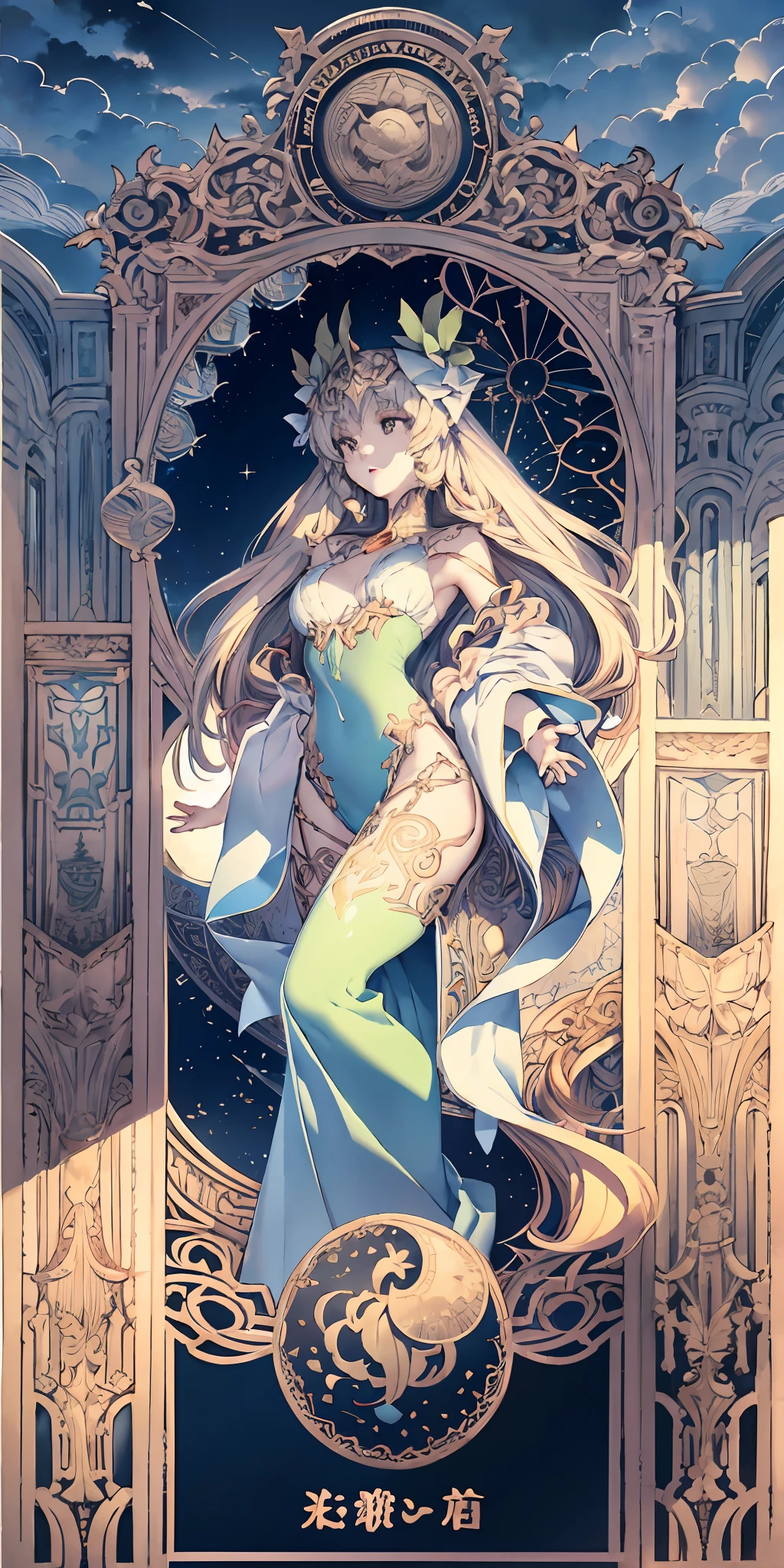 Slim floral border，Hestia, the goddess of fire,， full bodyesbian， Decorative panels， abstract artistic， Alphonse Mucha （tmasterpiece， best qualtiy， A high resolution： 1.4）， A detailed， Complicated details， 4K， Color splattering， Line art， Fibonacci， starrysky， natta， exteriors， Clouds， Reflectors， Eau， magick， （tarot cards），Cards， （（beautiful golden crystal star）） buliding， palaces， Patterned， Sumeru， Clouds， themoon