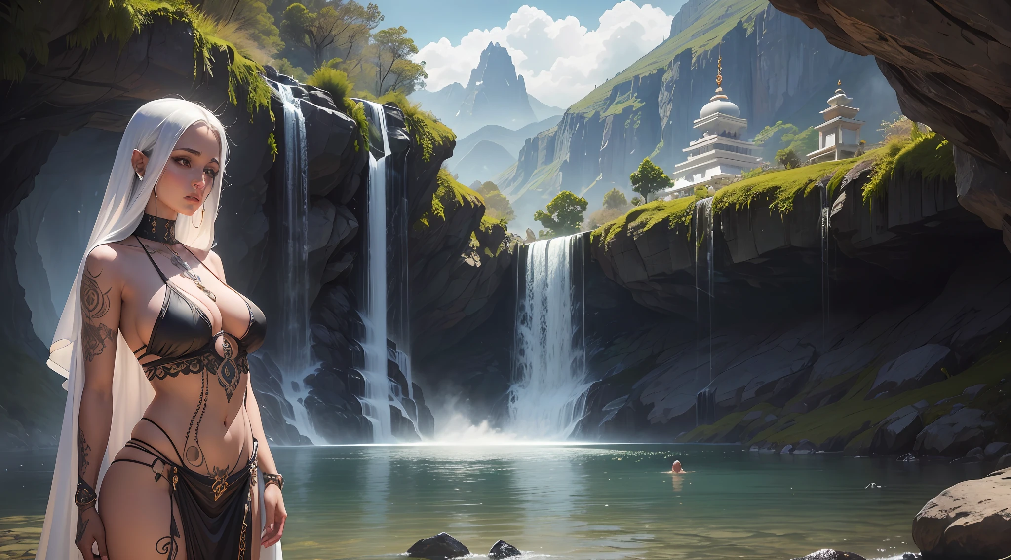mujer"Sacerdotisa voluptuosa y misteriosa meditando en un paisaje encantador cerca de una cascada, Dressed in a sacred robe and adorned with tattoos and piercings, framed by a magnificent Hindu temple. The image is an ultra-realistic representation captured in stunning detail."