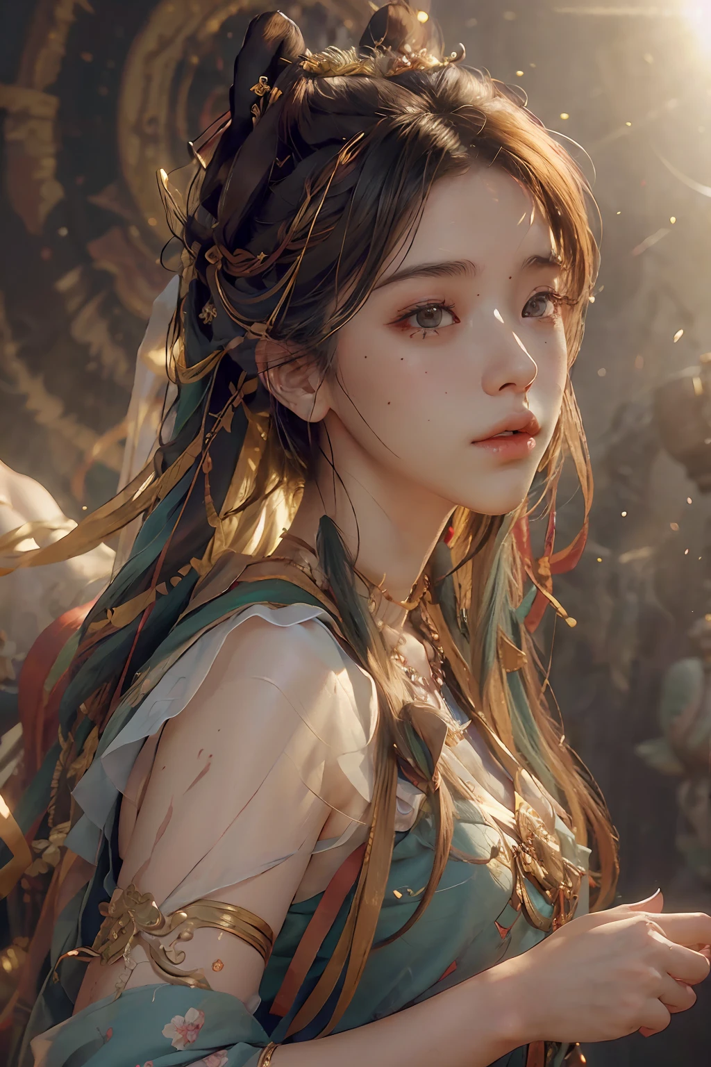 (RAW photo, best quality), (realistic, photo-realistic:1.3),best quality,highly detailed,masterpiece,ultra-detailed,illustration,1girl,upper_body,dynamic angle,world masterpiece theater,messy_long_hair,best quality,extremely detailed CG unity 8k wallpaper,ink,Amazing,cinematic lighting,lens_flare, dunhuang_style