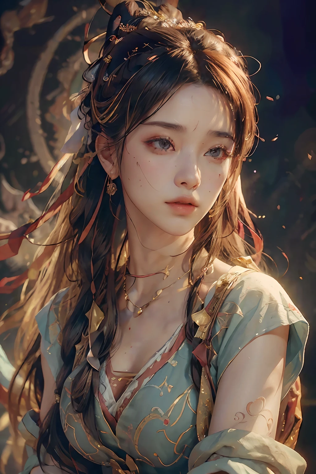 (RAW photo, best quality), (realistic, photo-realistic:1.3),best quality,highly detailed,masterpiece,ultra-detailed,illustration,1girl,upper_body,dynamic angle,world masterpiece theater,messy_long_hair,best quality,extremely detailed CG unity 8k wallpaper,ink,Amazing,cinematic lighting,lens_flare, dunhuang_style