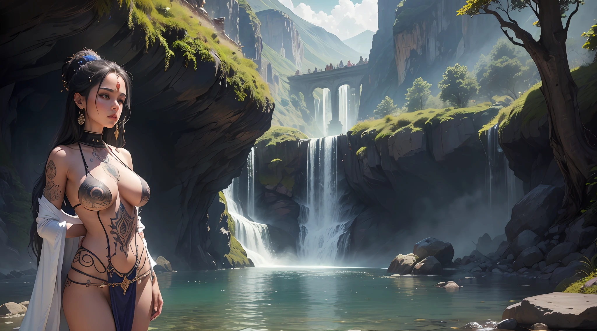 mujer"Sacerdotisa voluptuosa y misteriosa meditando en un paisaje encantador cerca de una cascada, Dressed in a sacred robe and adorned with tattoos and piercings, framed by a magnificent Hindu temple. The image is an ultra-realistic representation captured in stunning detail."